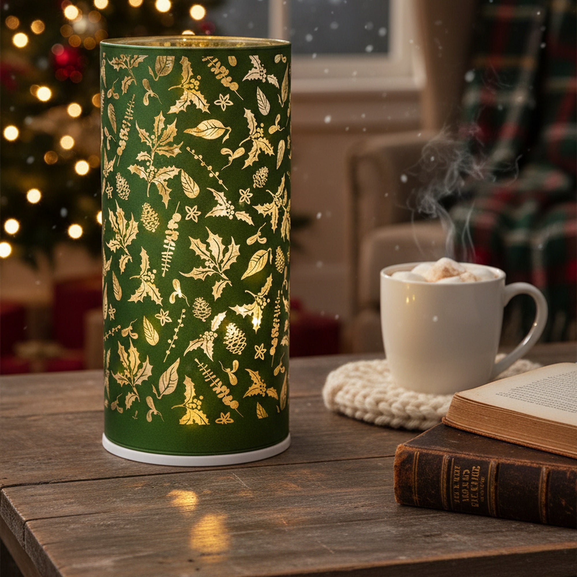 6.3" LED Rotating Cylinder Glass Stand Mistletoe Green, Christmas, Holiday Decor