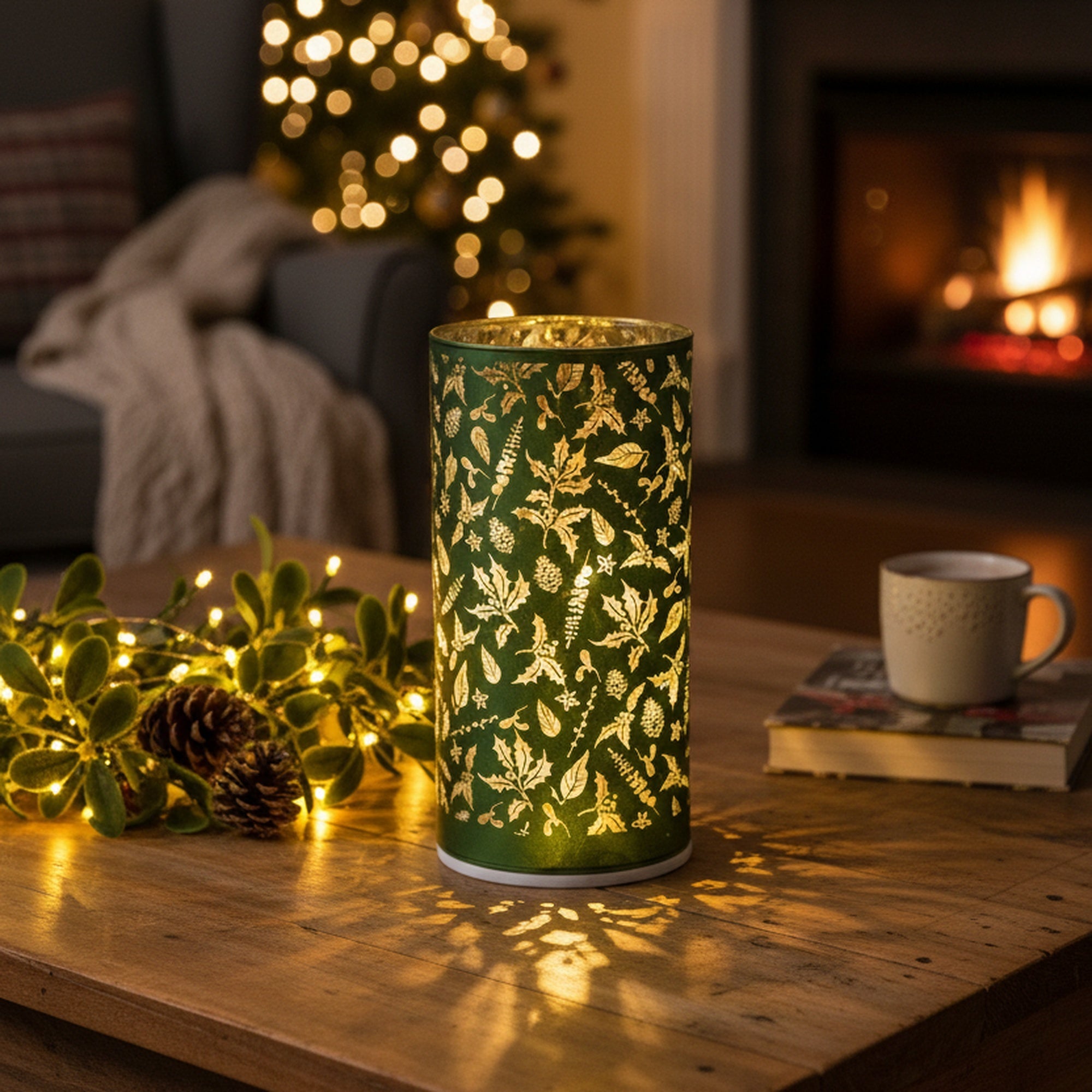 6.3" LED Rotating Cylinder Glass Stand Mistletoe Green, Christmas, Holiday Decor