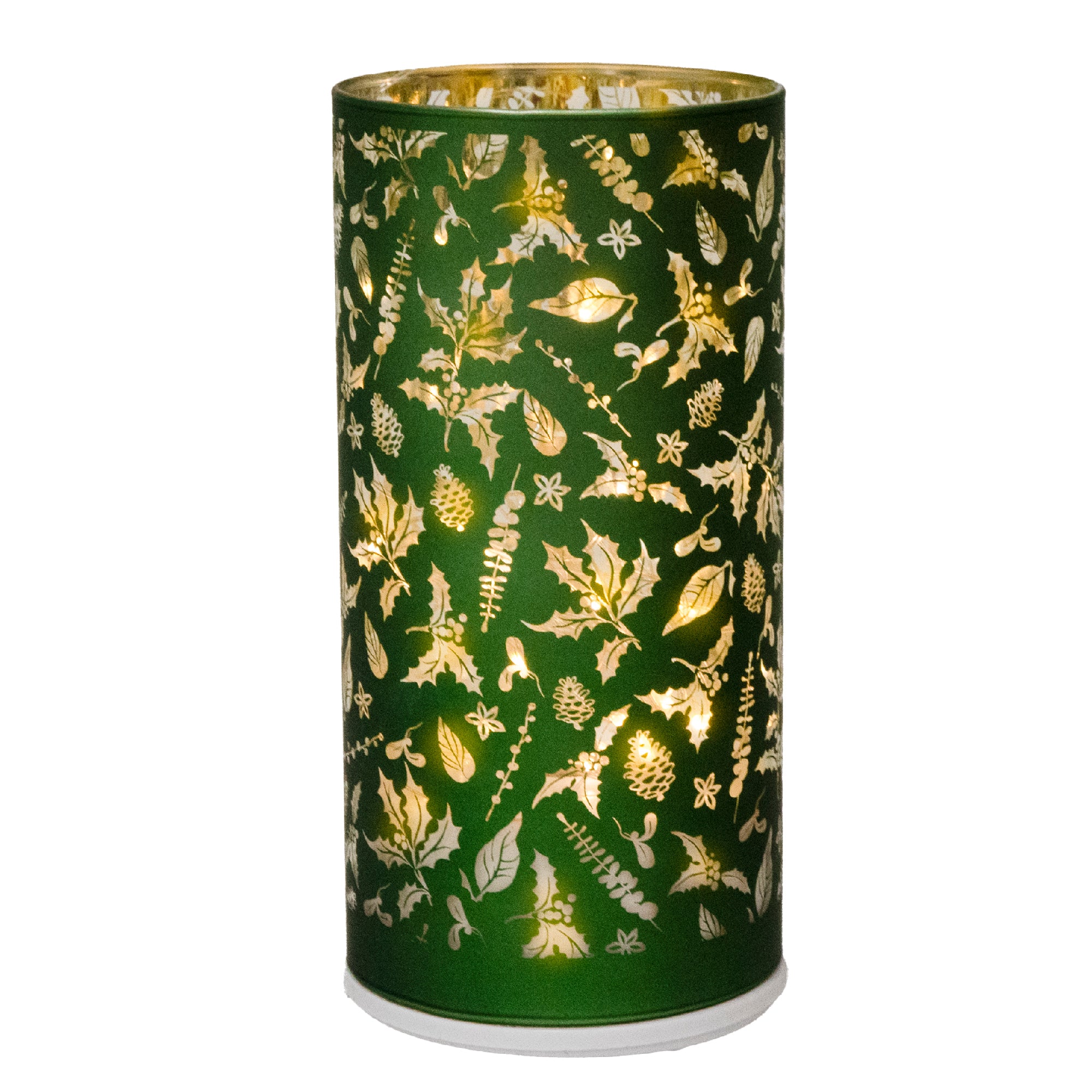 6.3" LED Rotating Cylinder Glass Stand Mistletoe Green, Christmas, Holiday Decor