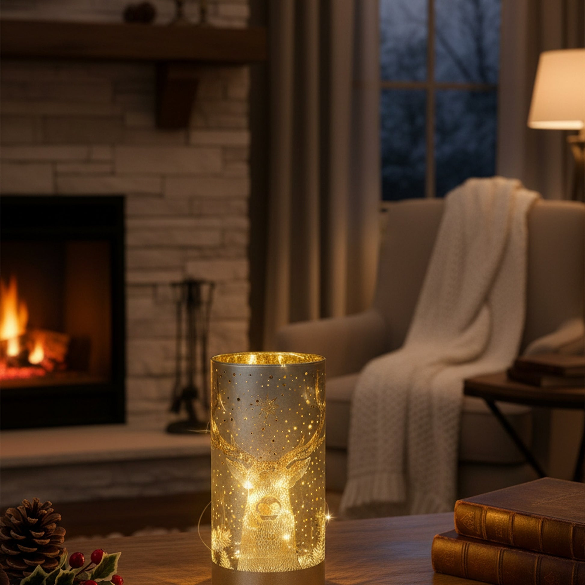 6.3" LED Rotating Cylinder Glass Stand Reindeer Silver, Christmas, Holiday Decor