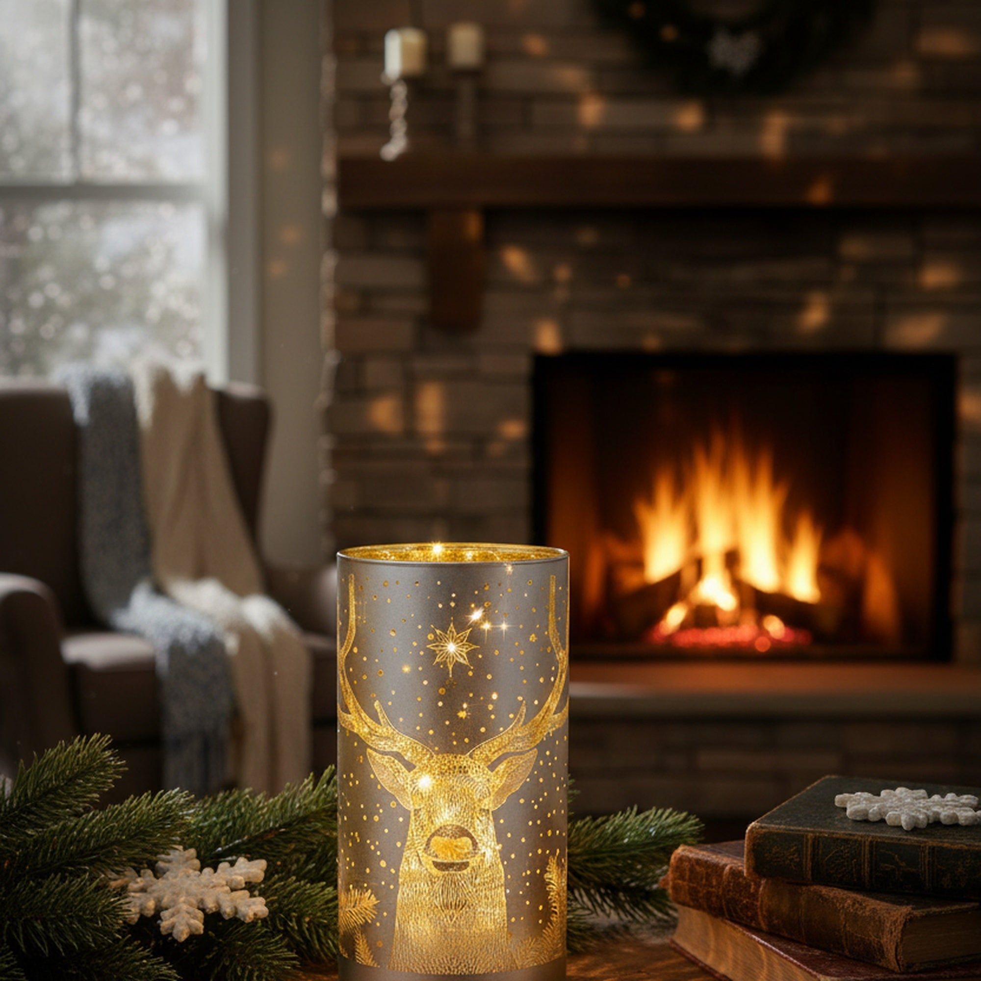 6.3" LED Rotating Cylinder Glass Stand Reindeer Silver, Christmas, Holiday Decor