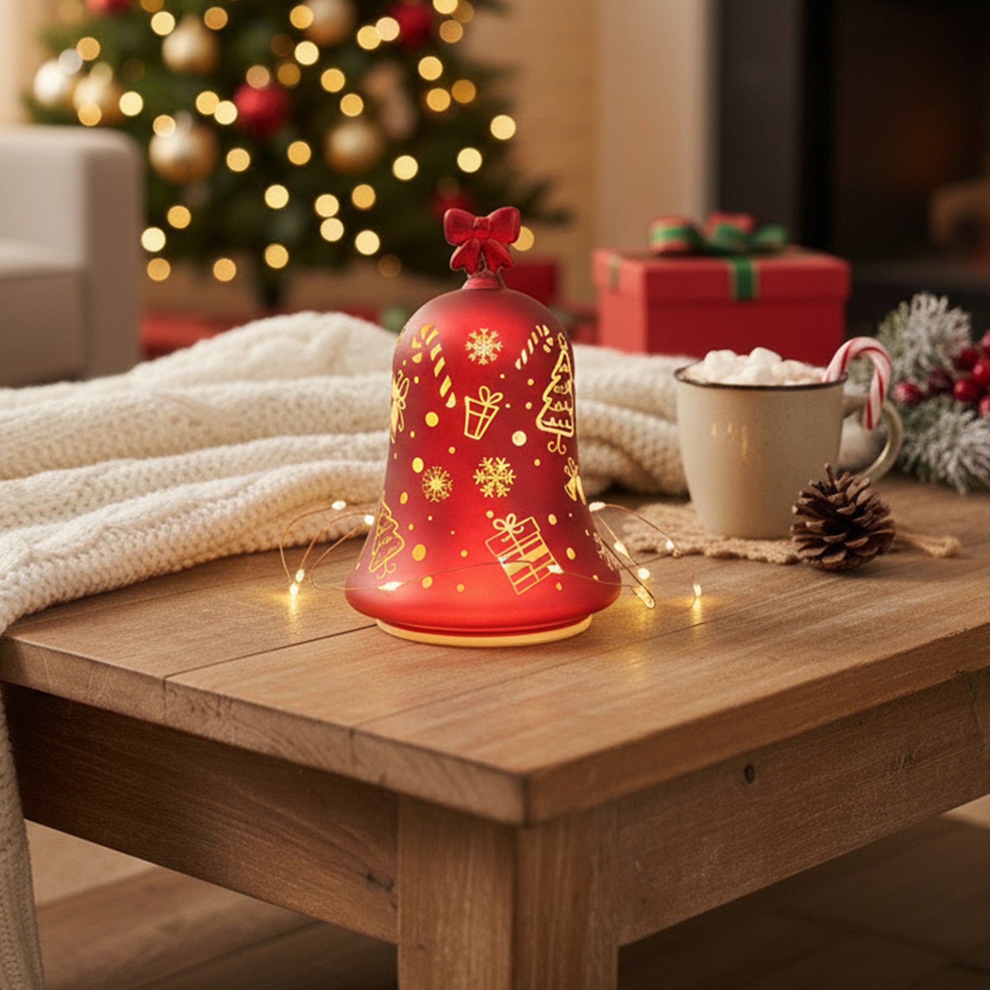 7.3" LED Rotating Glass Bell Decor Snowflakes Red, Holiday Decor