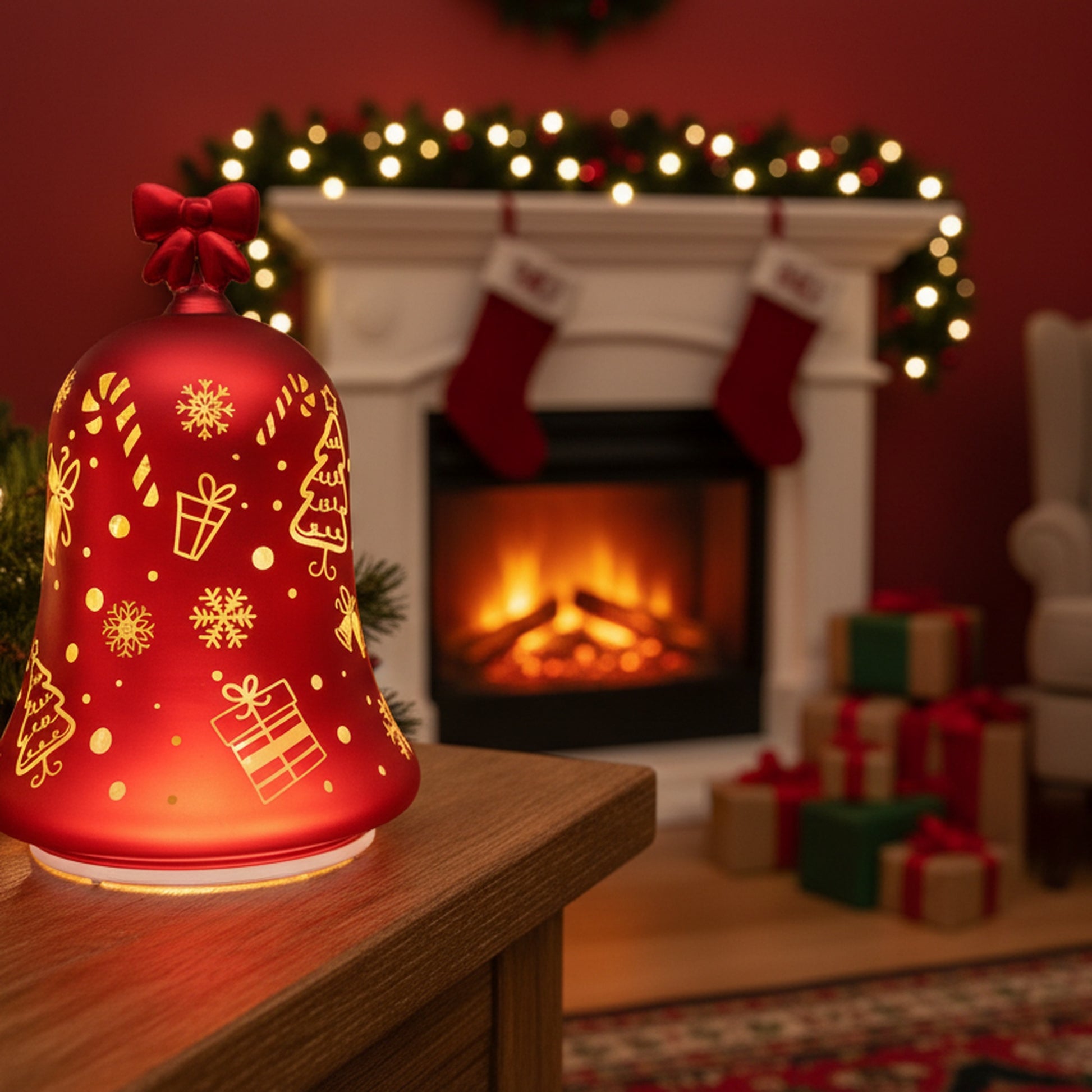 7.3" LED Rotating Glass Bell Decor Snowflakes Red, Holiday Decor