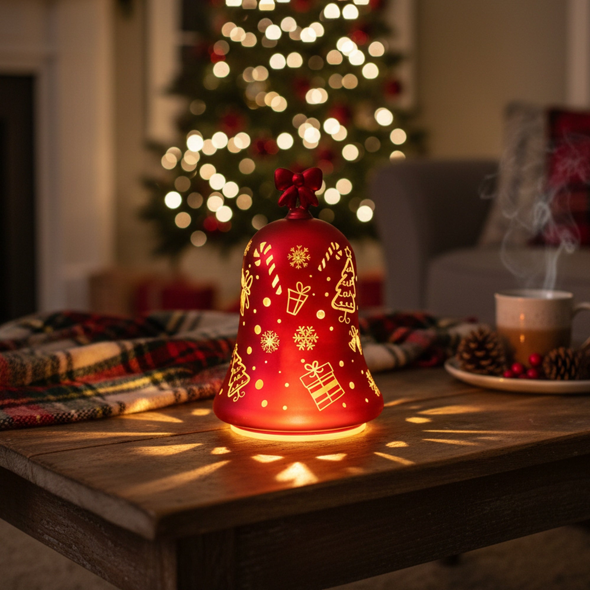 7.3" LED Rotating Glass Bell Decor Snowflakes Red, Holiday Decor