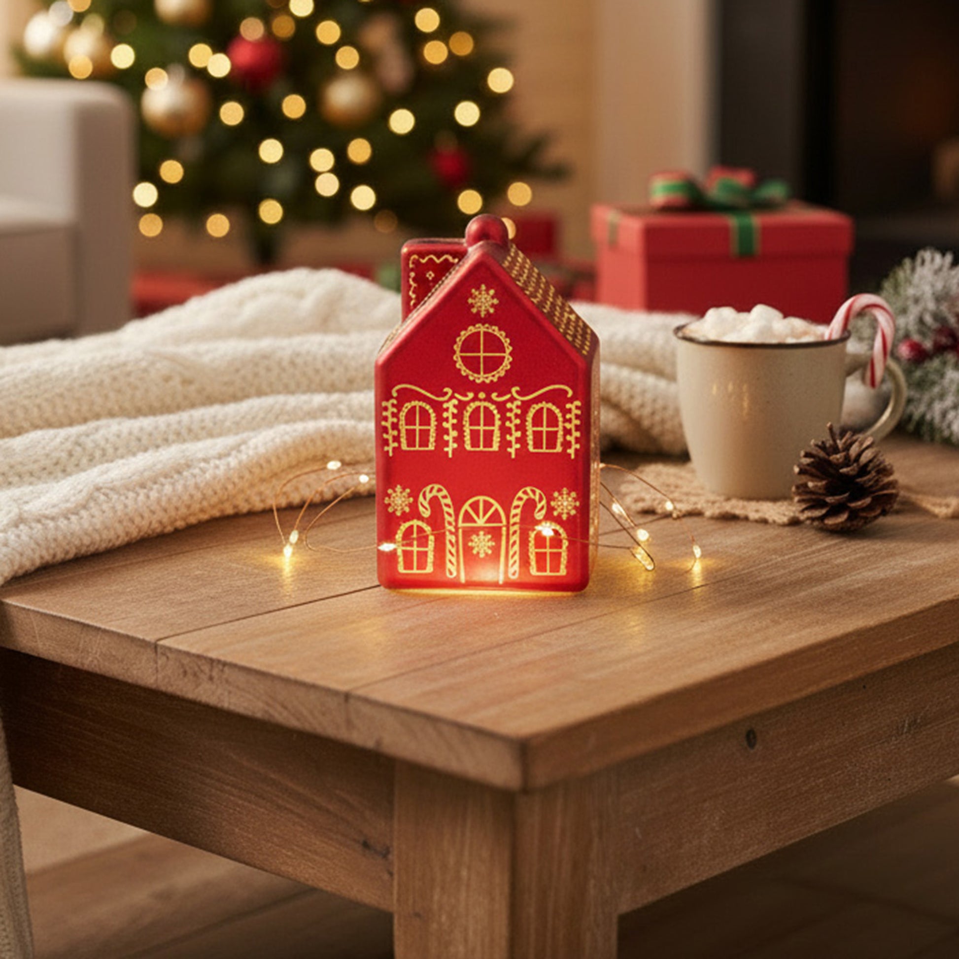 5.7" LED Glass House Decor 3Story Red, Holiday Decor