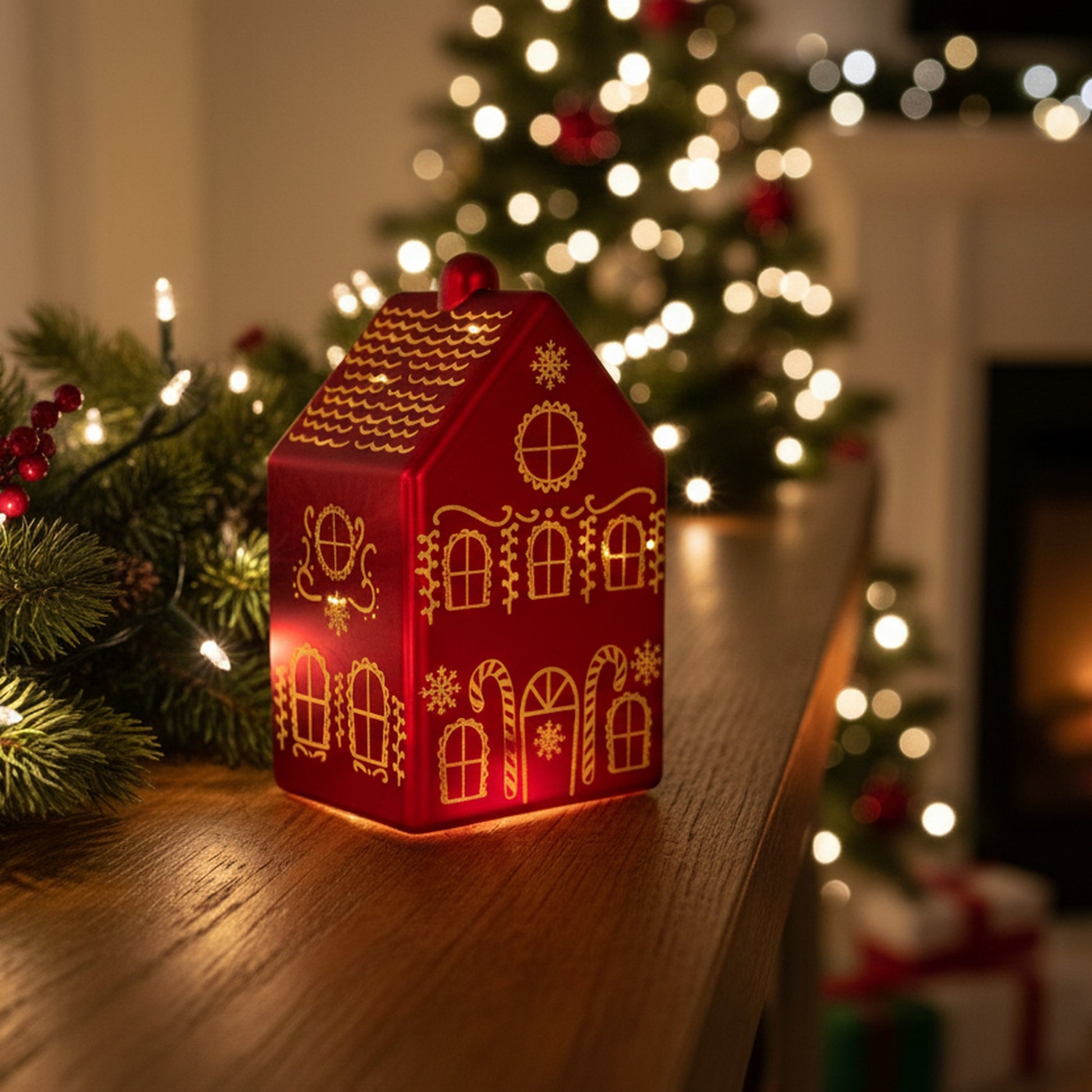 5.7" LED Glass House Decor 3Story Red, Holiday Decor
