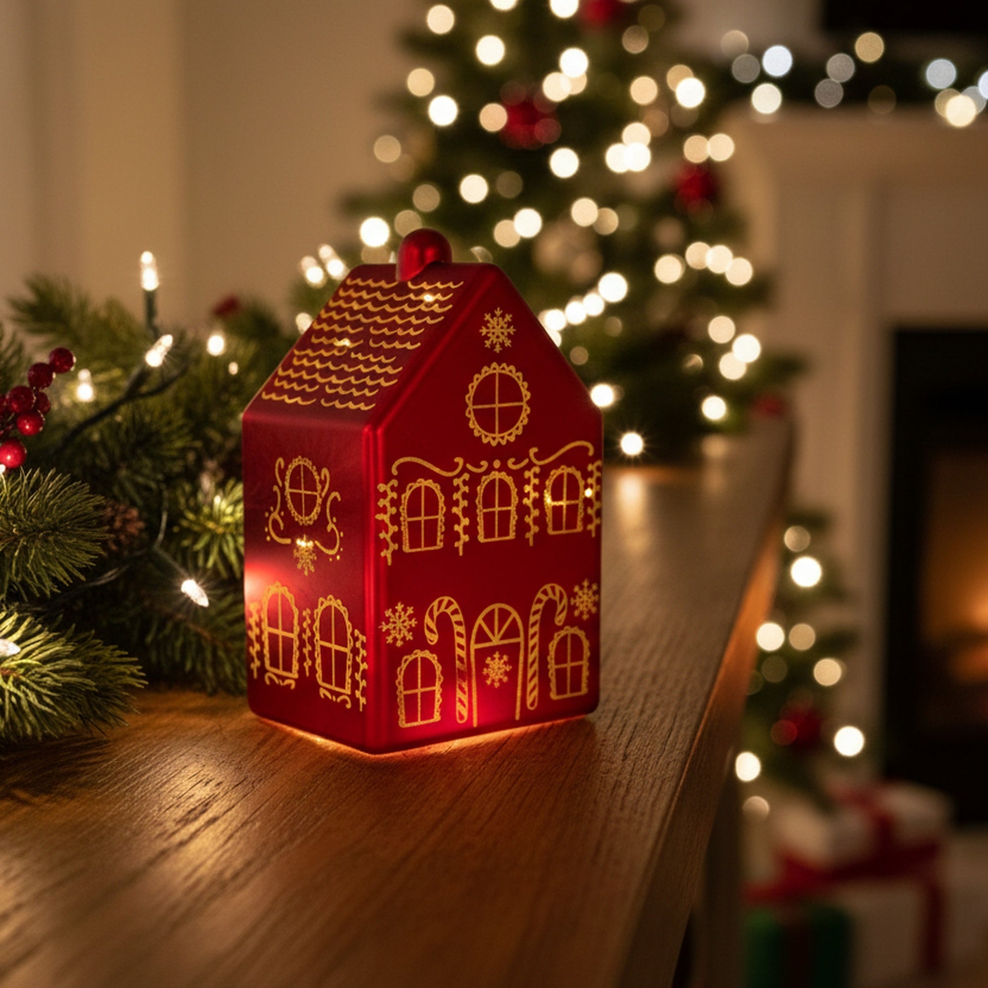 5.7" LED Glass House Decor 3Story Red, Holiday Decor