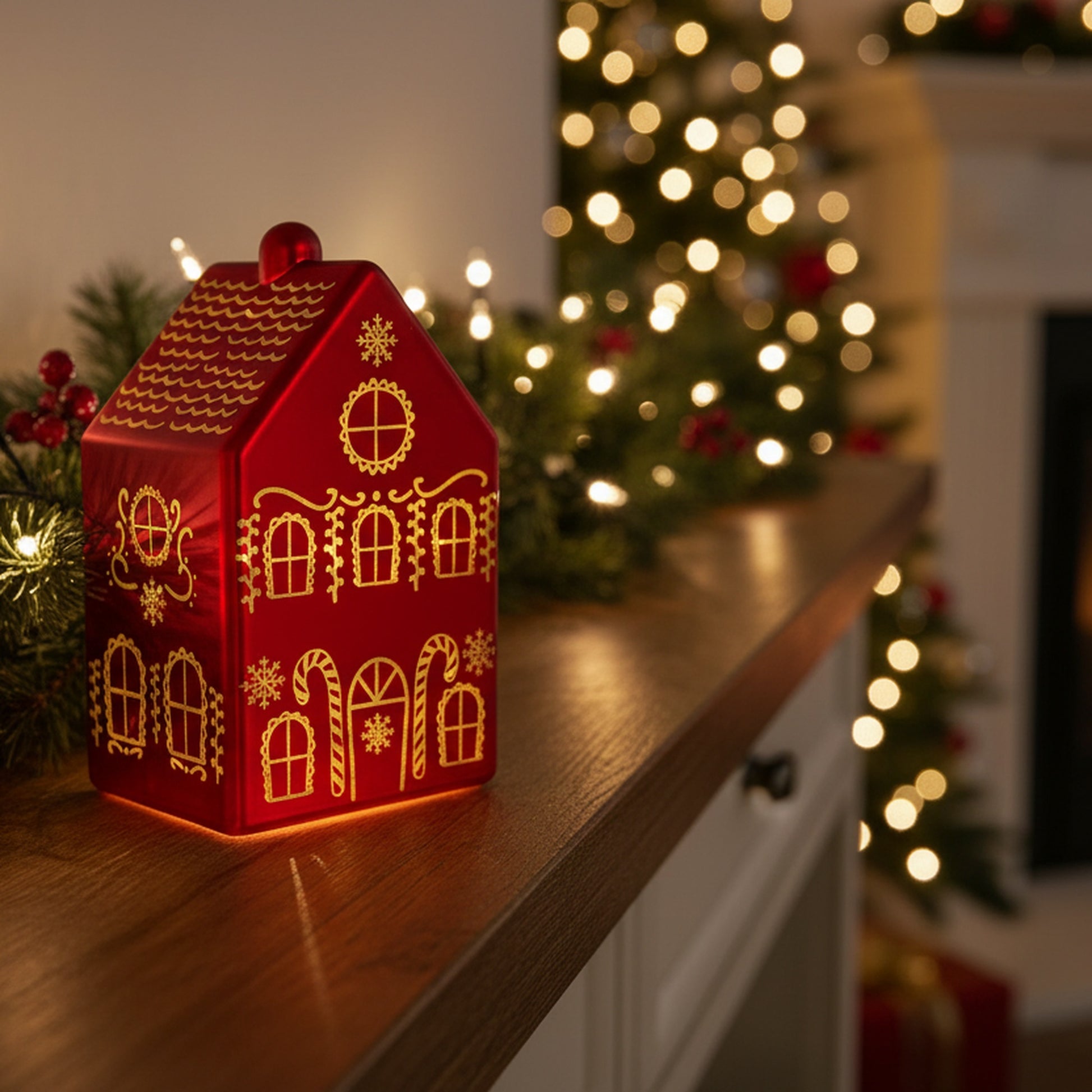5.7" LED Glass House Decor 3Story Red, Holiday Decor