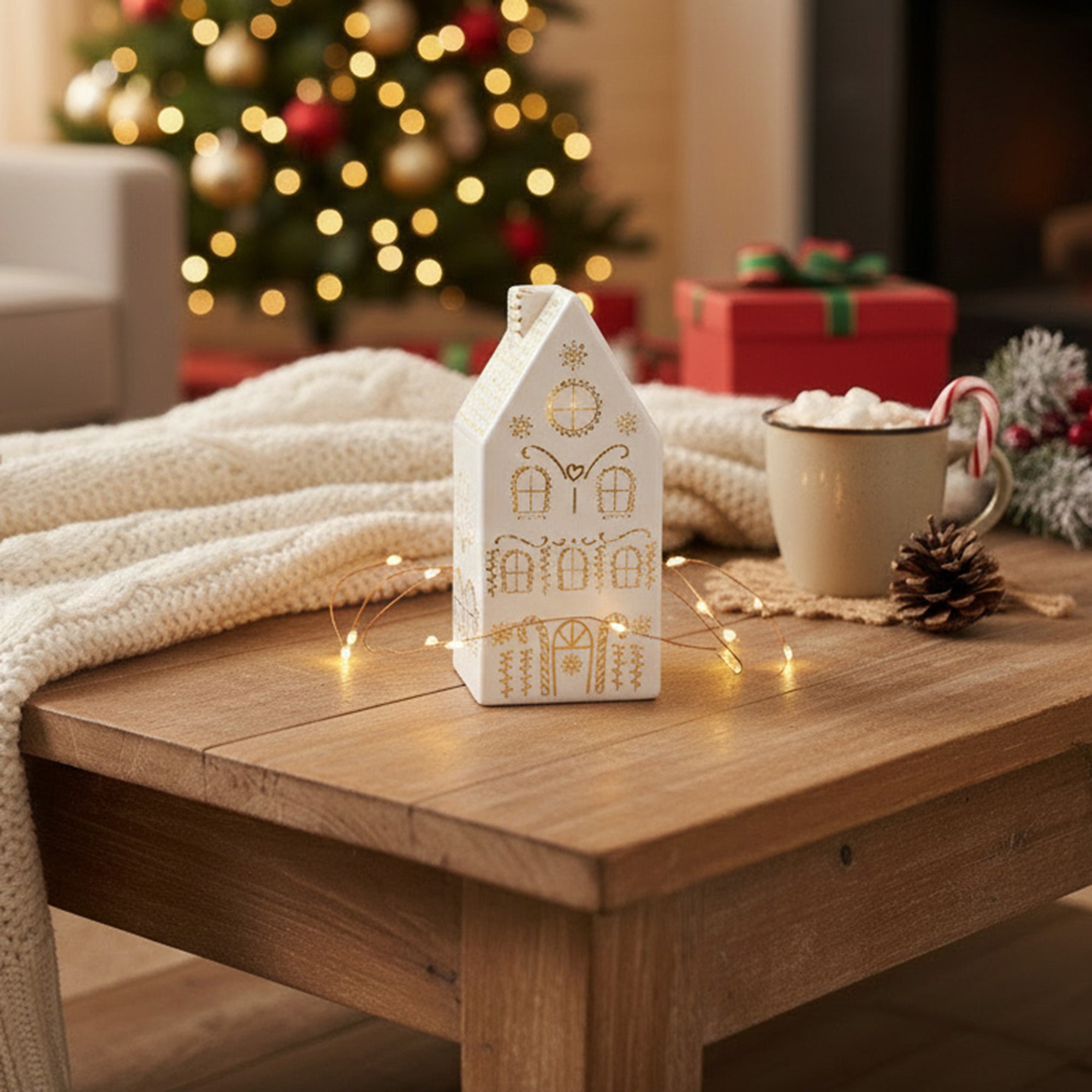 6.6" LED Glass House Decor 4Story White, Holiday Decor