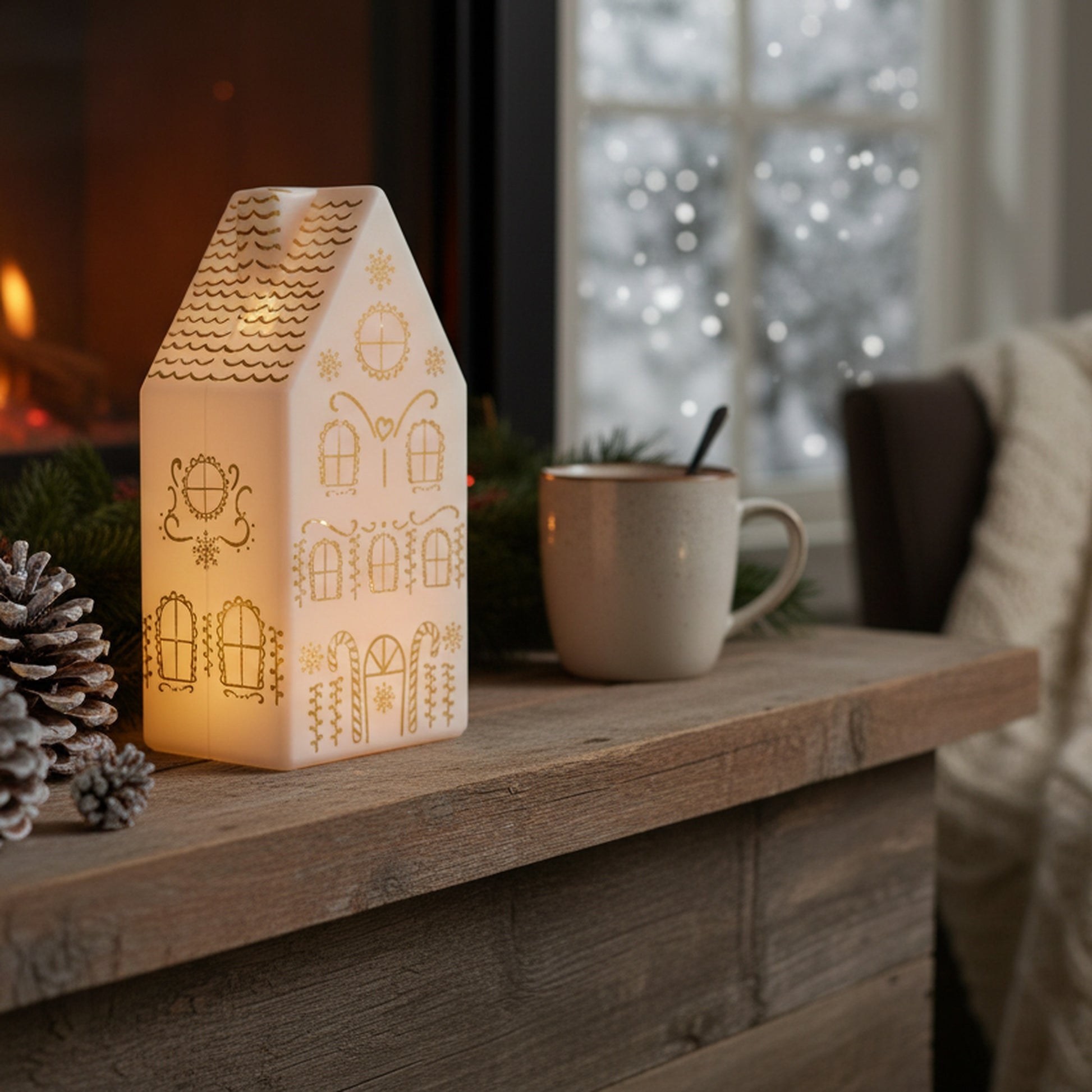 6.6" LED Glass House Decor 4Story White, Holiday Decor