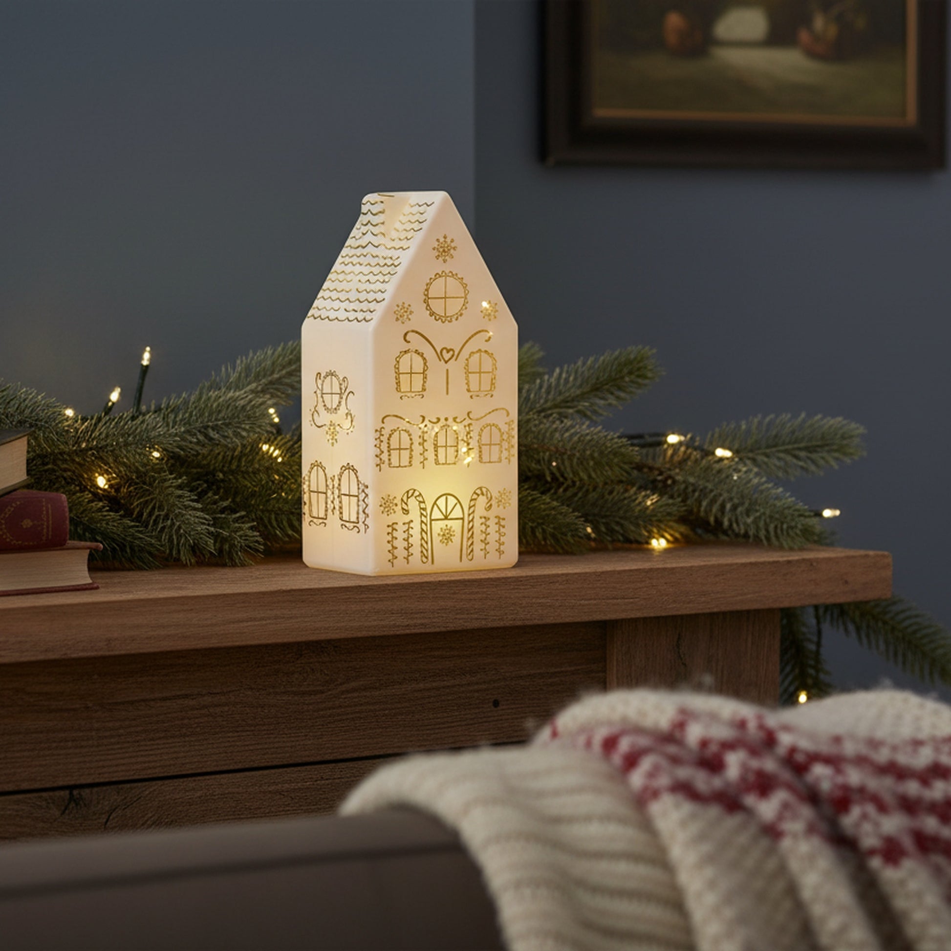6.6" LED Glass House Decor 4Story White, Holiday Decor