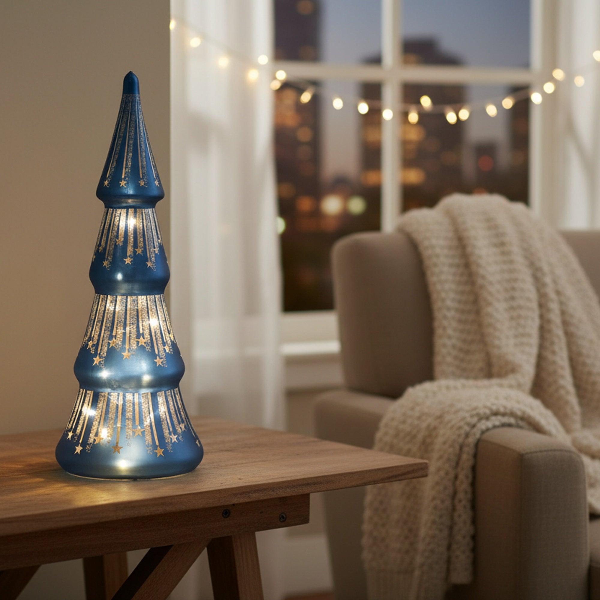 10.4" LED Glass Tree with Draping Star Blue, Christmas, Holiday Decor