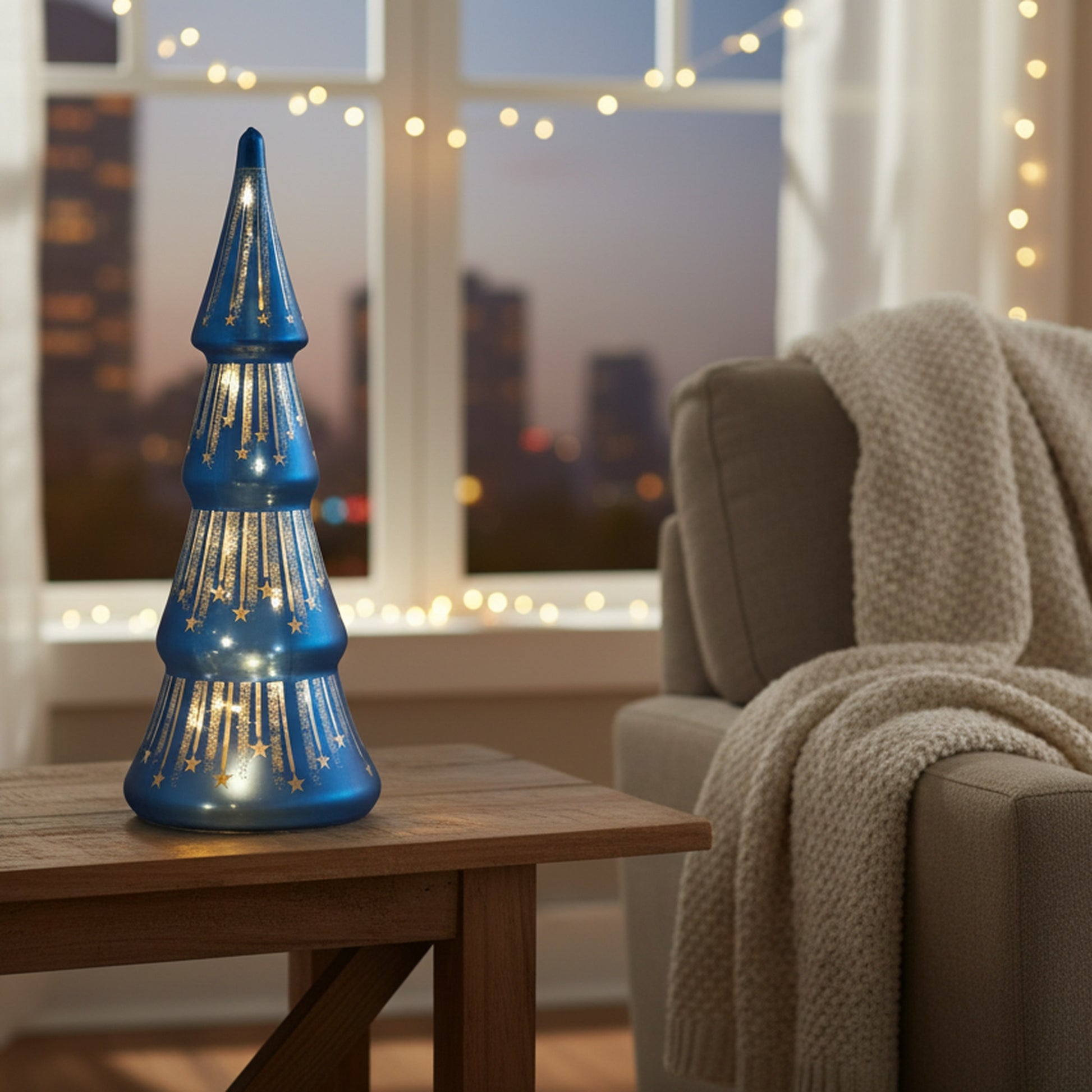 10.4" LED Glass Tree with Draping Star Blue, Christmas, Holiday Decor