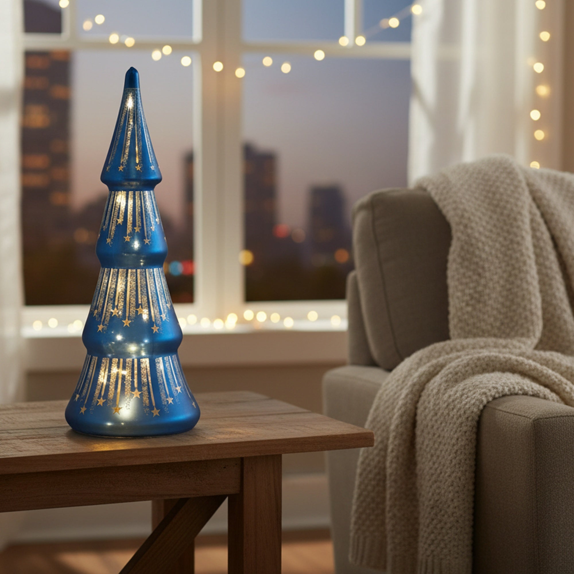 10.4" LED Glass Tree with Draping Star Blue, Christmas, Holiday Decor
