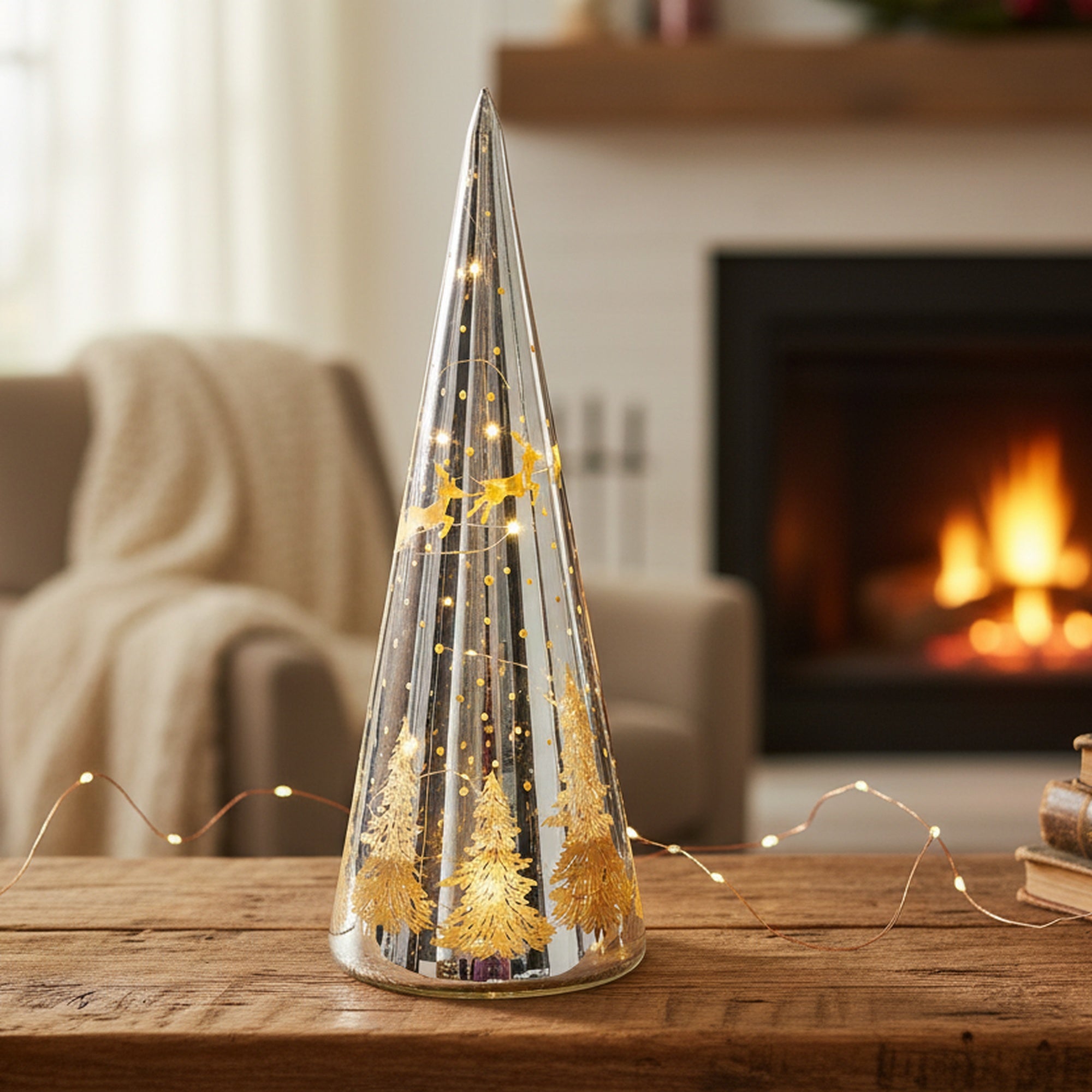 10" LED Glass Cone Tree Santa Flying over Tree Silver, Christmas, Holiday Decor
