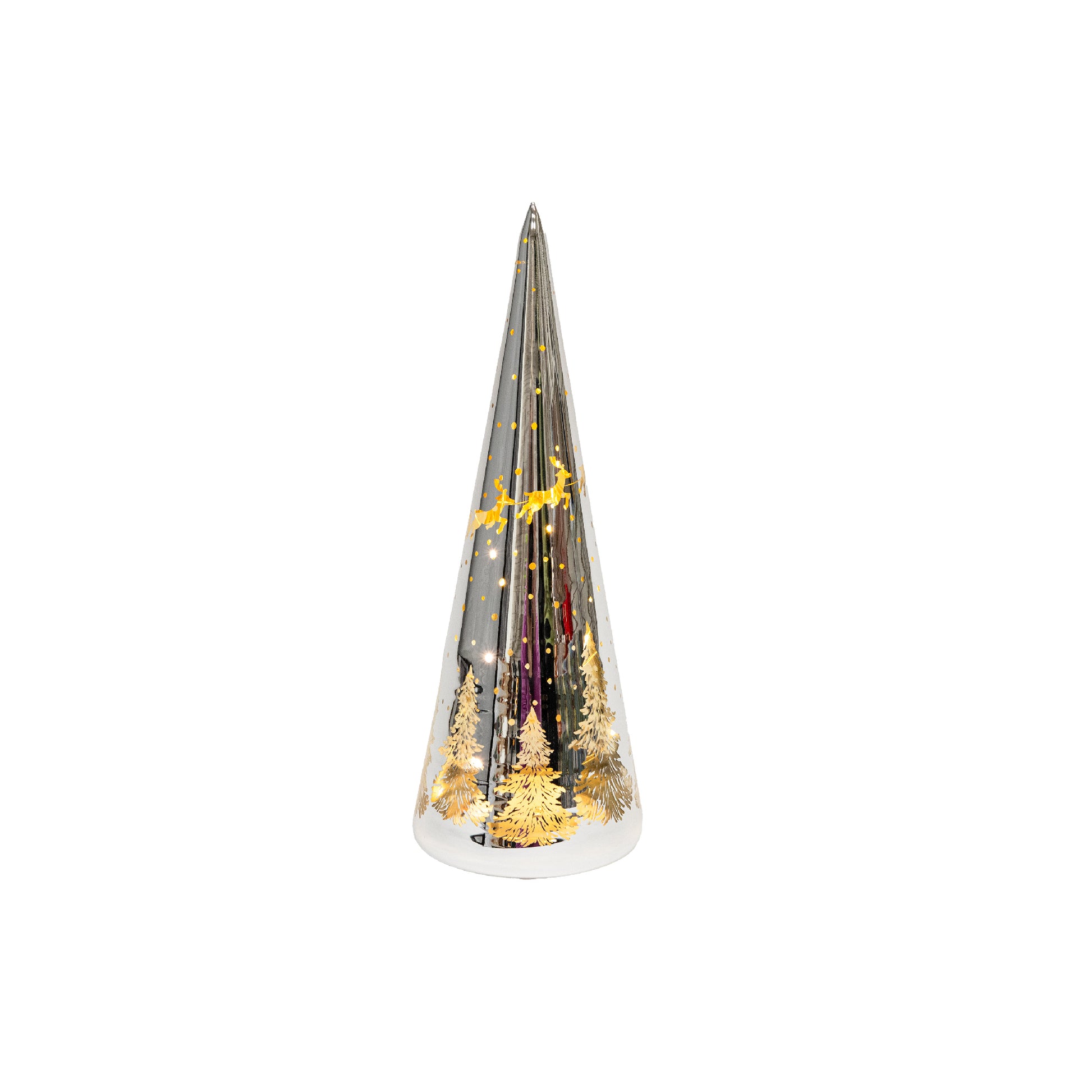 10" LED Glass Cone Tree Santa Flying over Tree Silver, Christmas, Holiday Decor