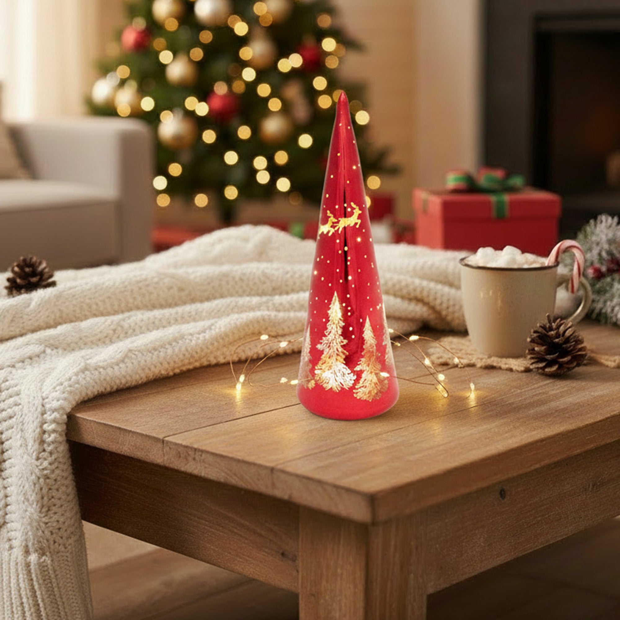 11.8" LED Glass Cone Tree Santa Flying over Tree Red, Christmas, Holiday Decor