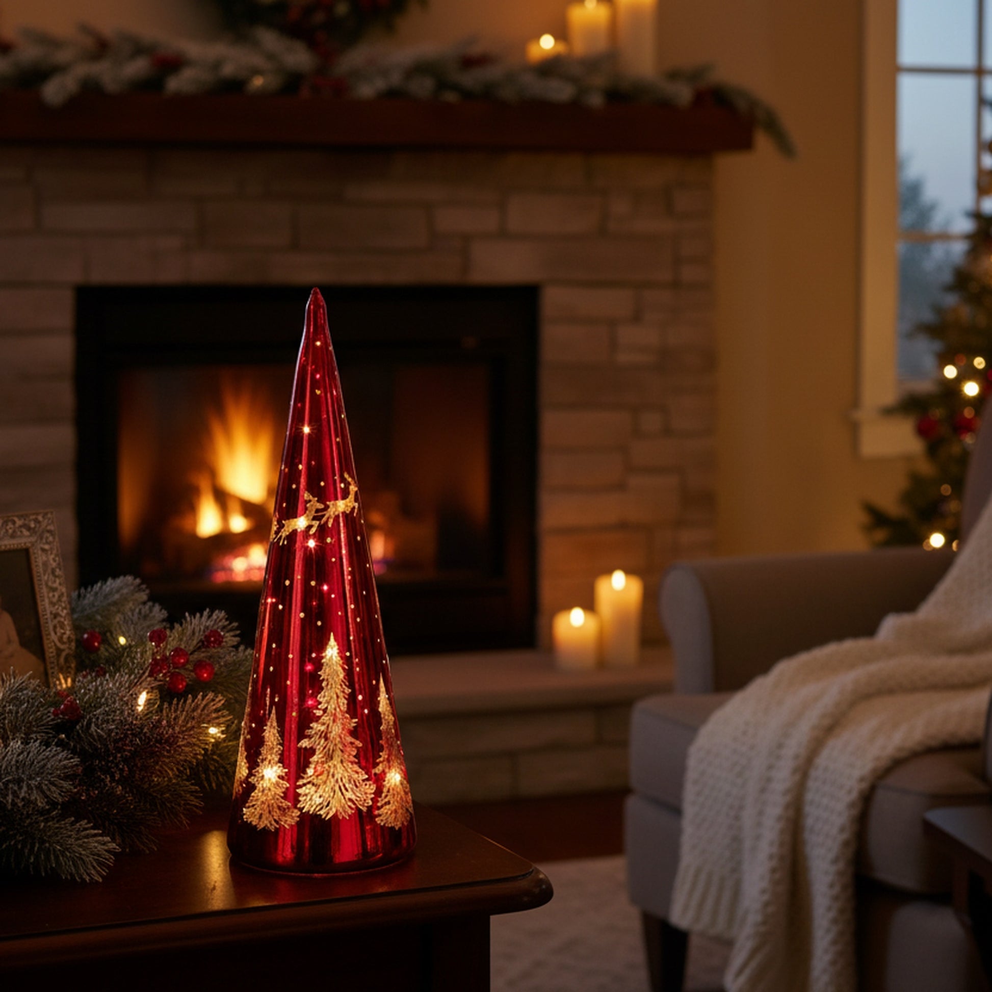 11.8" LED Glass Cone Tree Santa Flying over Tree Red, Christmas, Holiday Decor
