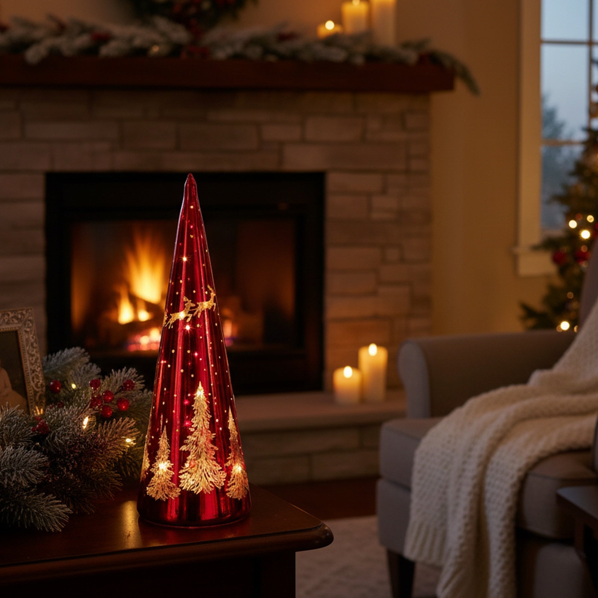 11.8" LED Glass Cone Tree Santa Flying over Tree Red, Christmas, Holiday Decor