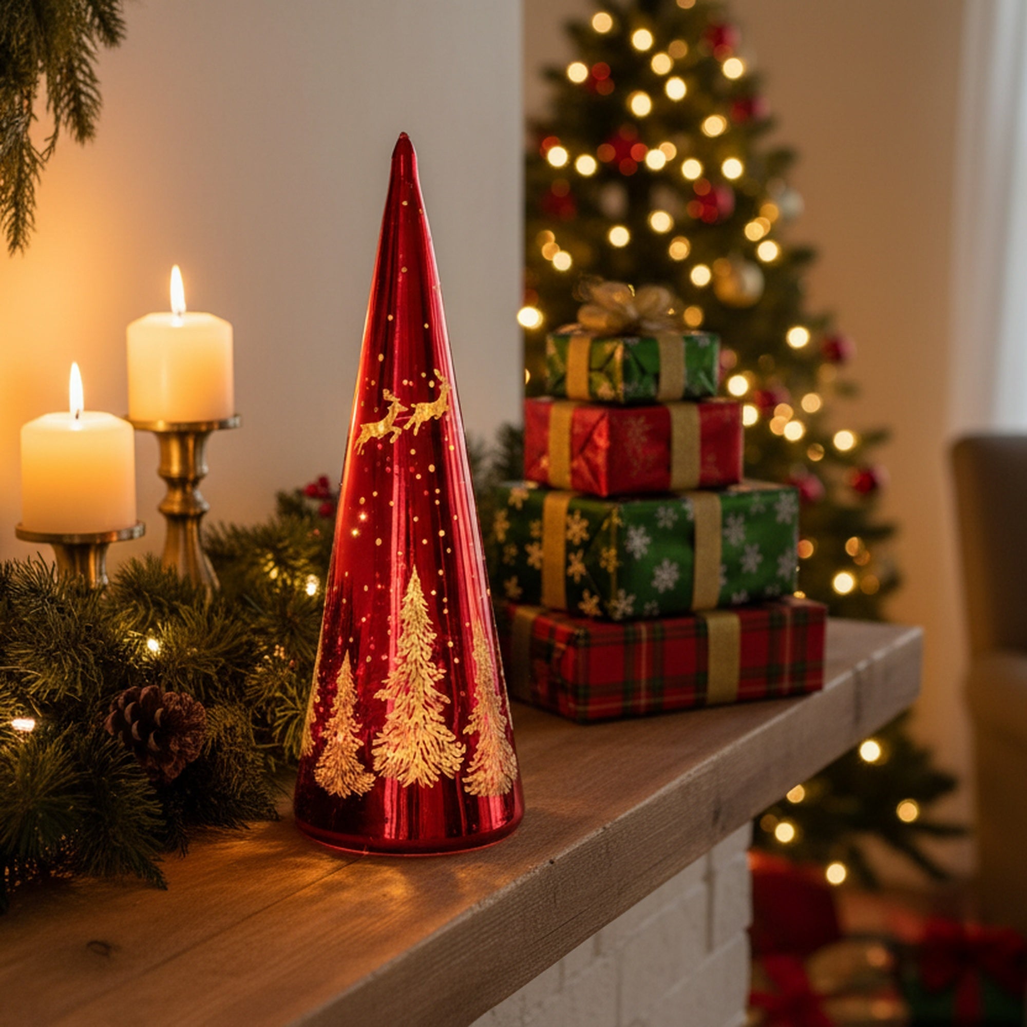 11.8" LED Glass Cone Tree Santa Flying over Tree Red, Christmas, Holiday Decor