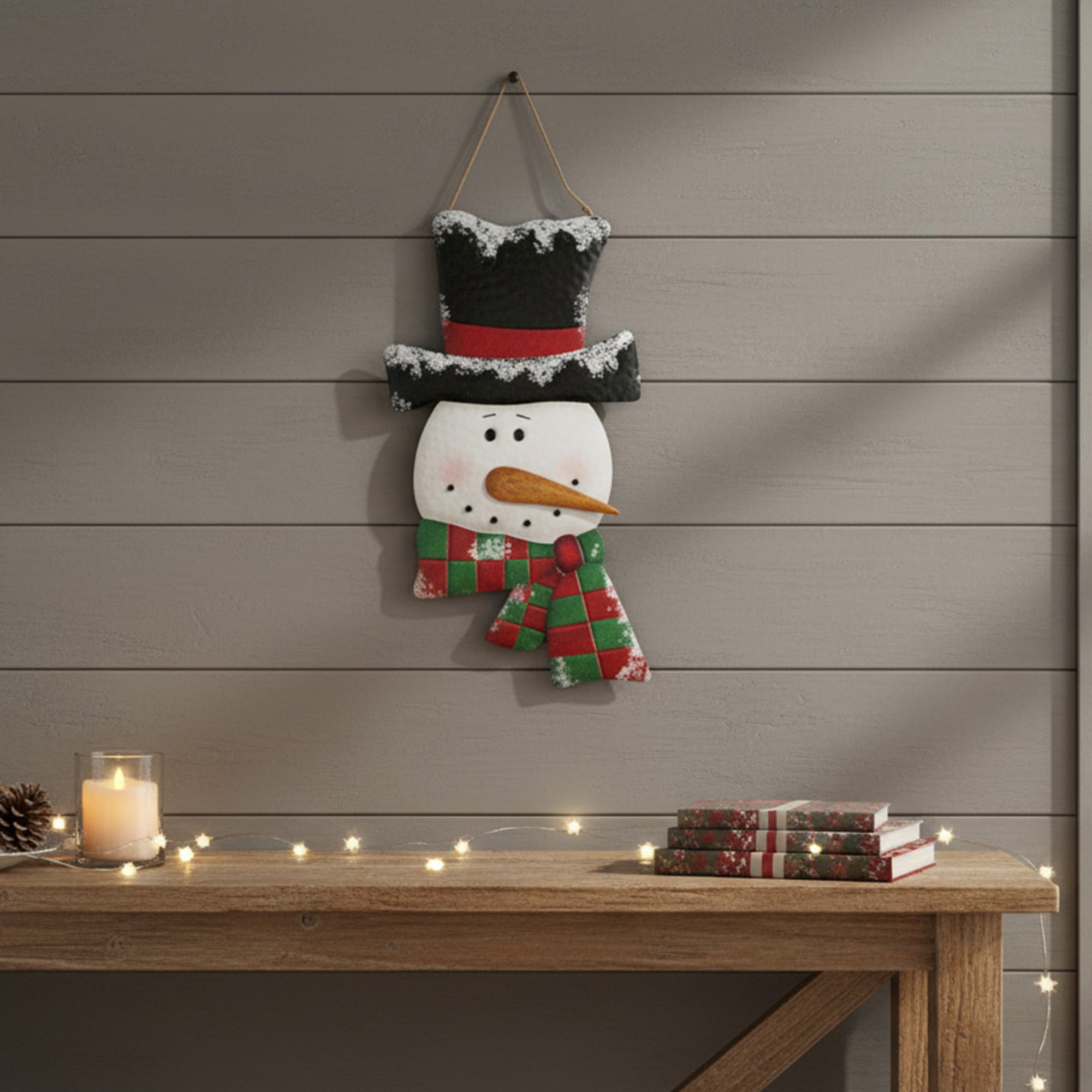 Metal Wall Hanger Snowman with Plaid Scarf, Christmas, Wall Decor, Holiday Decor