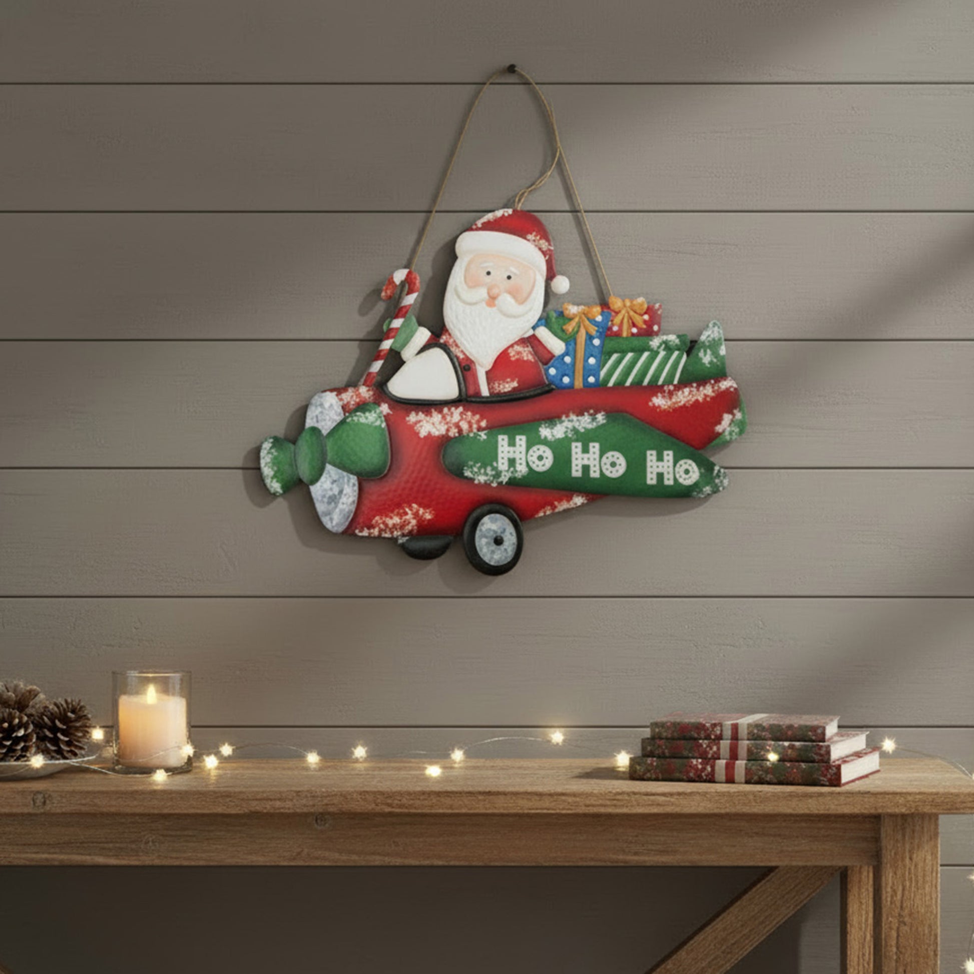 Metal Wall Hanger Santa in Airplane with Gifts, Christmas, Wall Decor, Holiday Decor