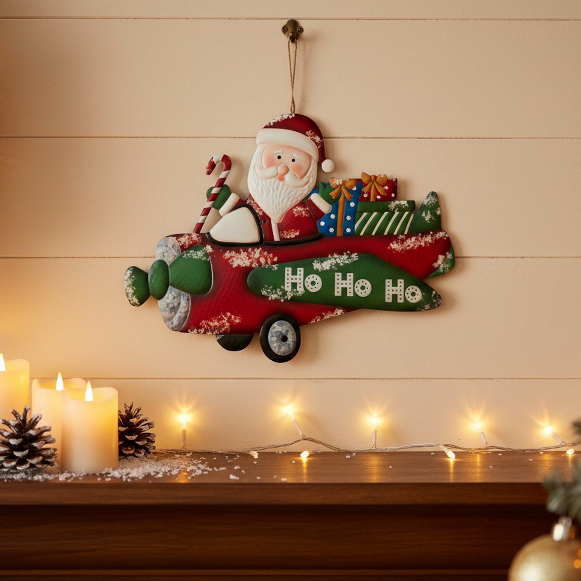 Metal Wall Hanger Santa in Airplane with Gifts, Christmas, Wall Decor, Holiday Decor
