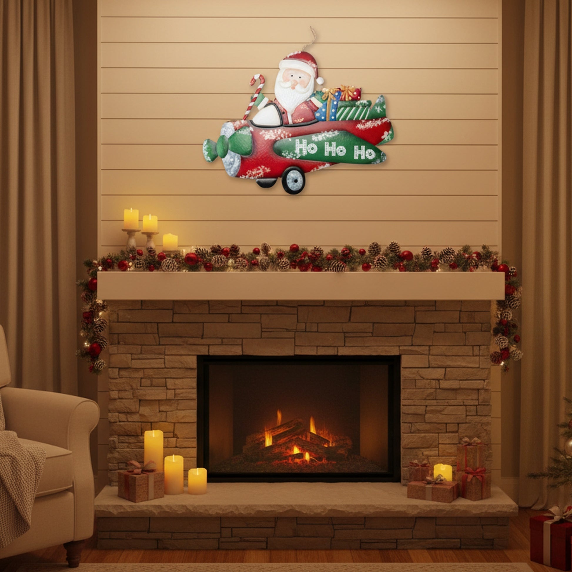 Metal Wall Hanger Santa in Airplane with Gifts, Christmas, Wall Decor, Holiday Decor