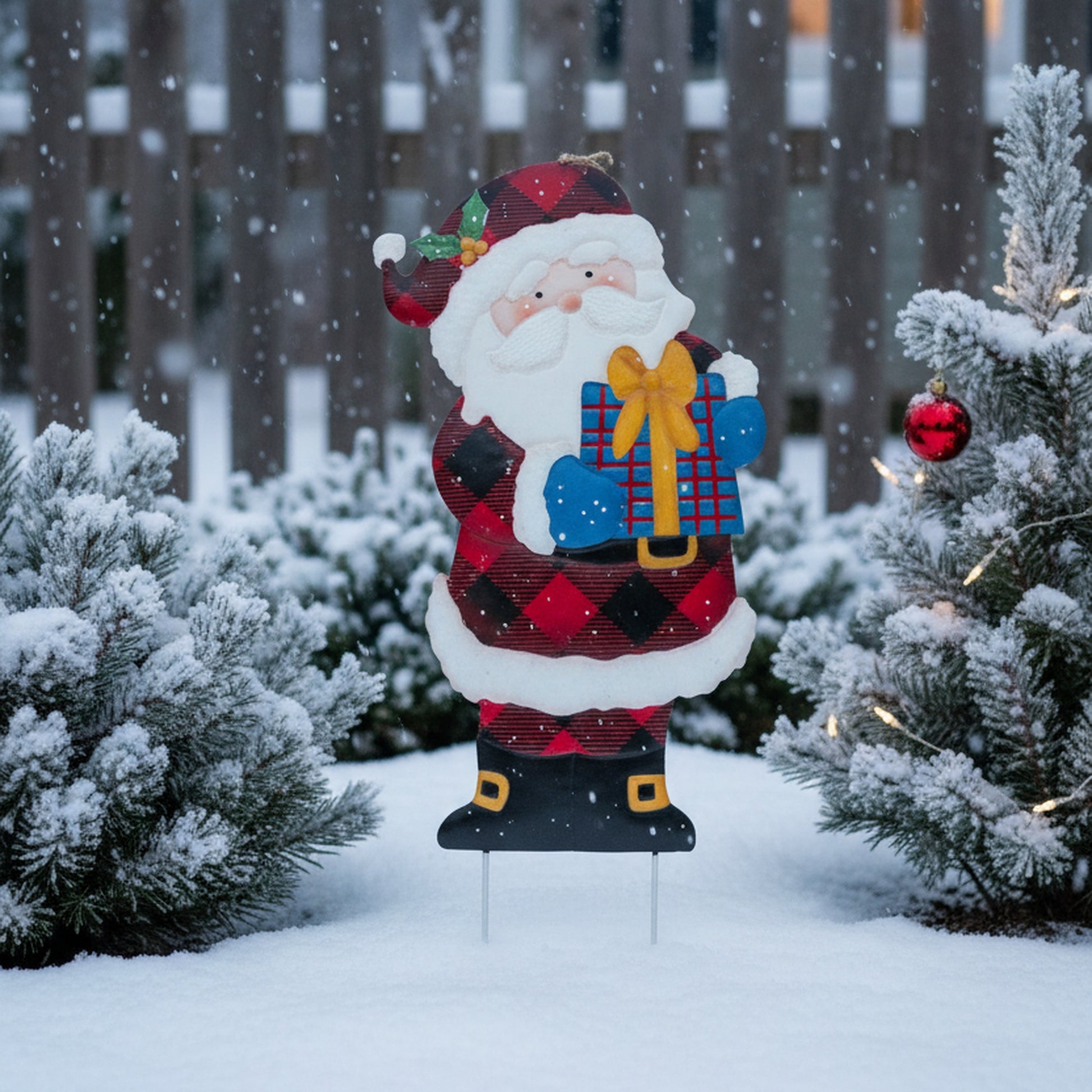 Metal Garden Stake Santa Holding Present, Christmas, Holiday Decor