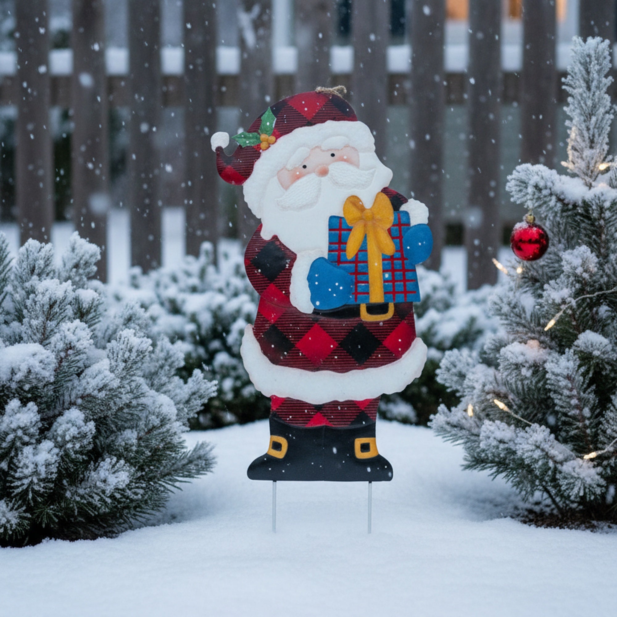 Metal Garden Stake Santa Holding Present, Christmas, Holiday Decor