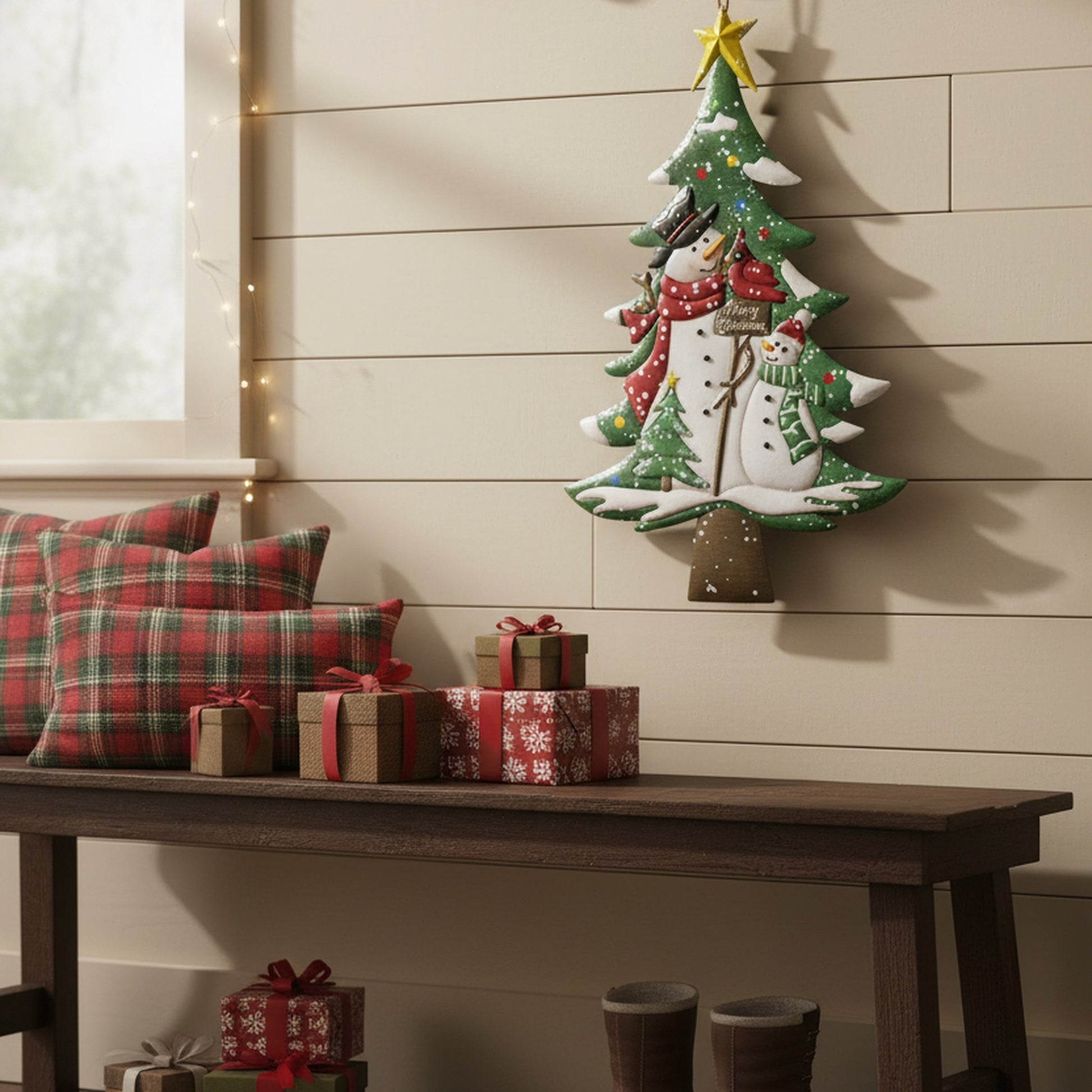 Metal Wall Hanger Tree with Snowman Merry Christmas, Christmas, Wall Decor, Holiday Decor