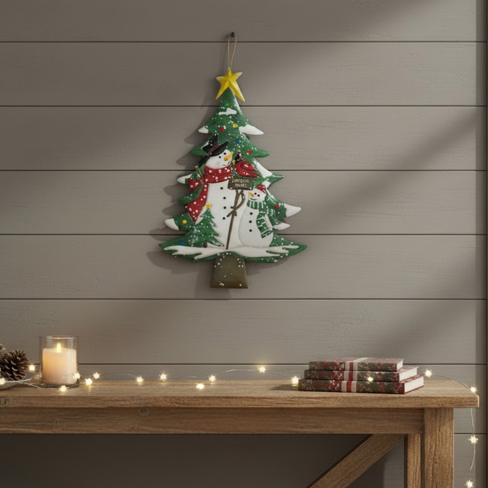 Metal Wall Hanger Tree with Snowman Joyeux Noel, Christmas, Wall Decor, Holiday Decor
