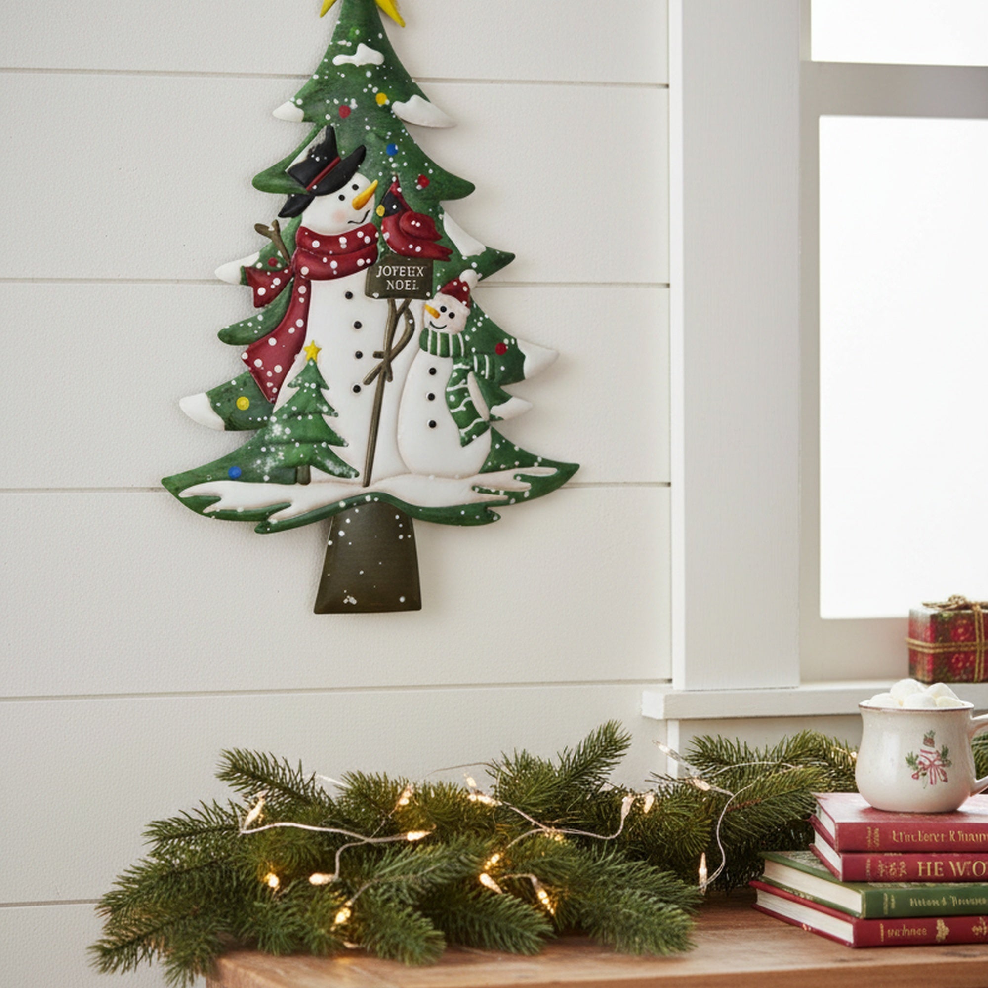 Metal Wall Hanger Tree with Snowman Joyeux Noel, Christmas, Wall Decor, Holiday Decor