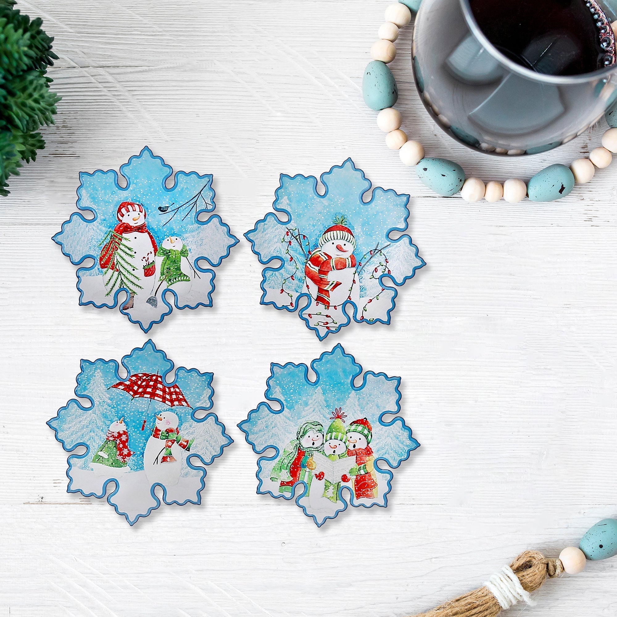 Snowflake Shape Ceramic Snowman Trivet, Heat Resistant Kitchen Trivet, Christmas Kitchen Decor - Set Of 4
