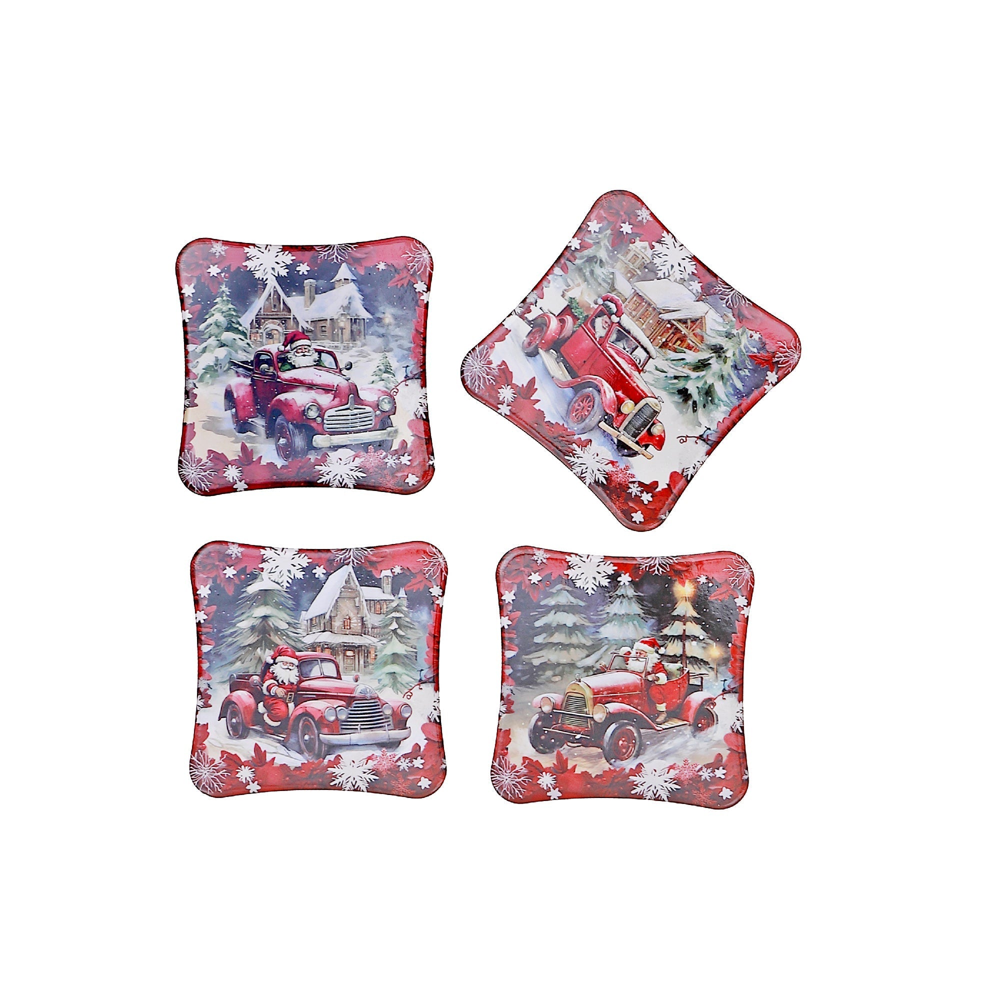 Square Ceramic Car And Santa Drink Coasters, Christmas Table Decor, Holiday Coasters - Set Of 4