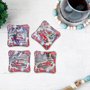 Square Ceramic Car And Santa Drink Coasters, Christmas Table Decor, Holiday Coasters - Set Of 4