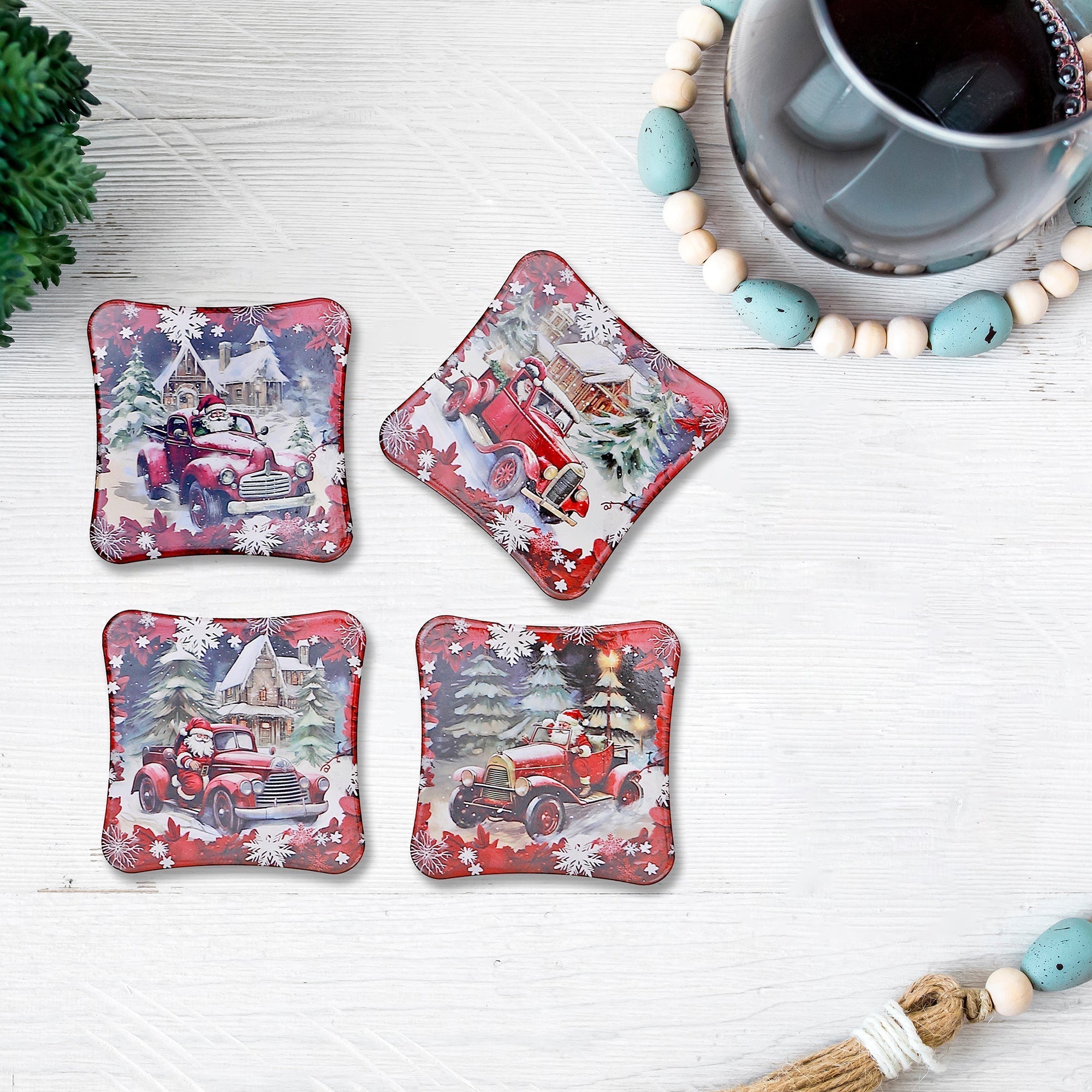 Square Ceramic Car And Santa Drink Coasters, Christmas Table Decor, Holiday Coasters - Set Of 4