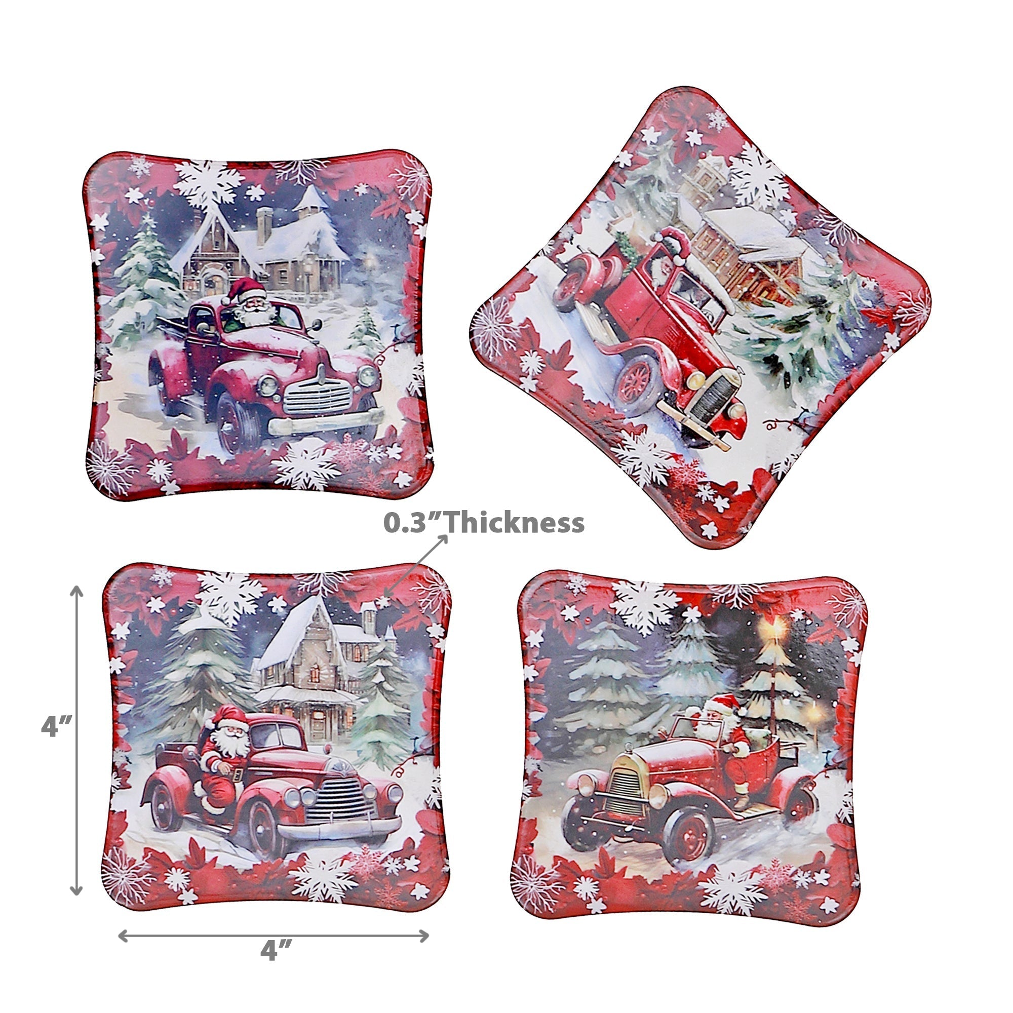 Square Ceramic Car And Santa Drink Coasters, Christmas Table Decor, Holiday Coasters - Set Of 4