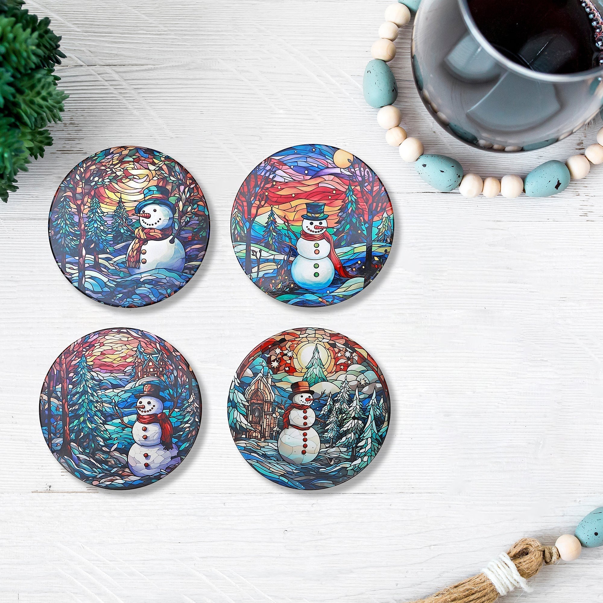 Round Ceramic Snowman Trivet, Heat Resistant Kitchen Trivet, Christmas Kitchen Decor - Set Of 4