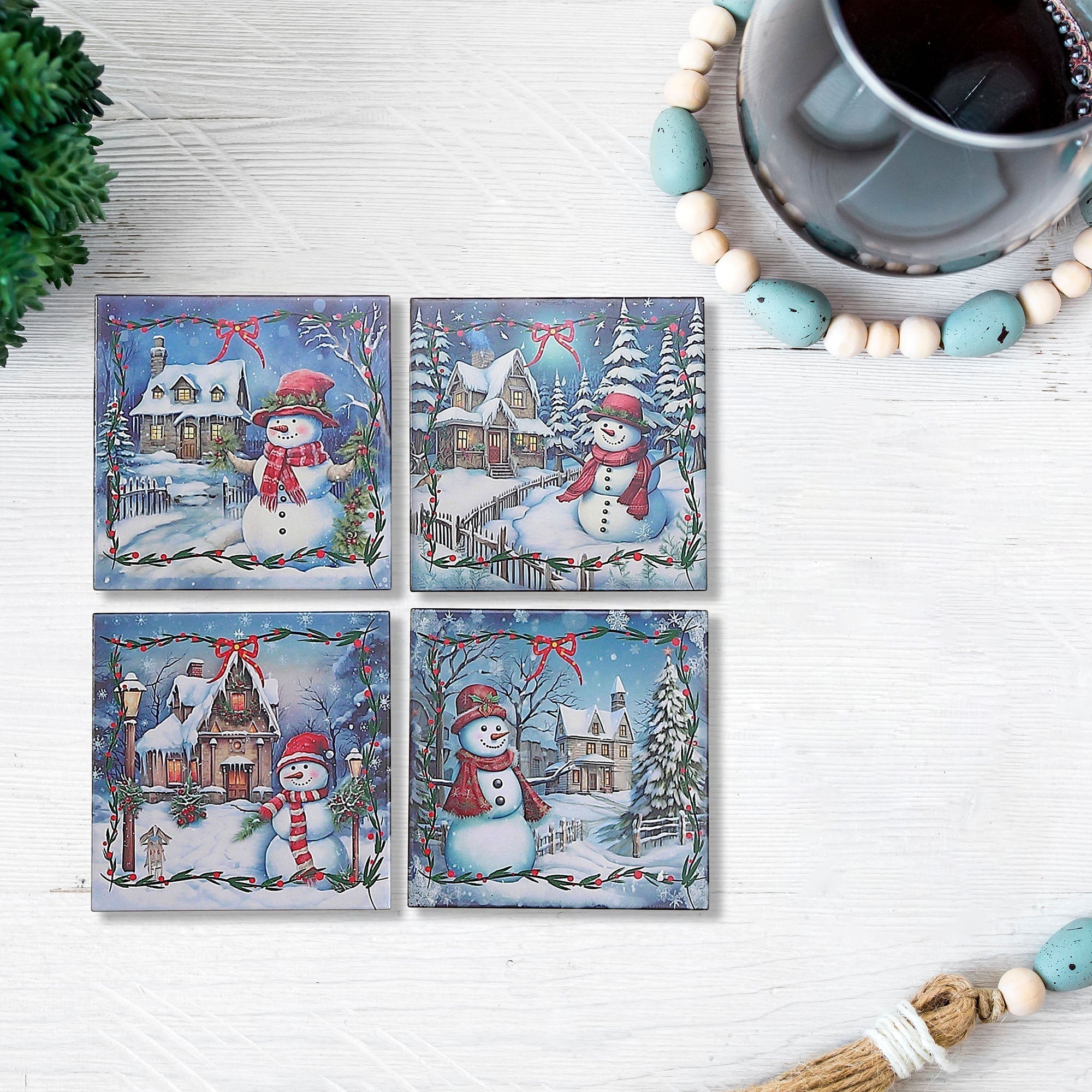 Square Ceramic Snowman Trivet, Heat Resistant Kitchen Trivet, Christmas Kitchen Decor - Set Of 4