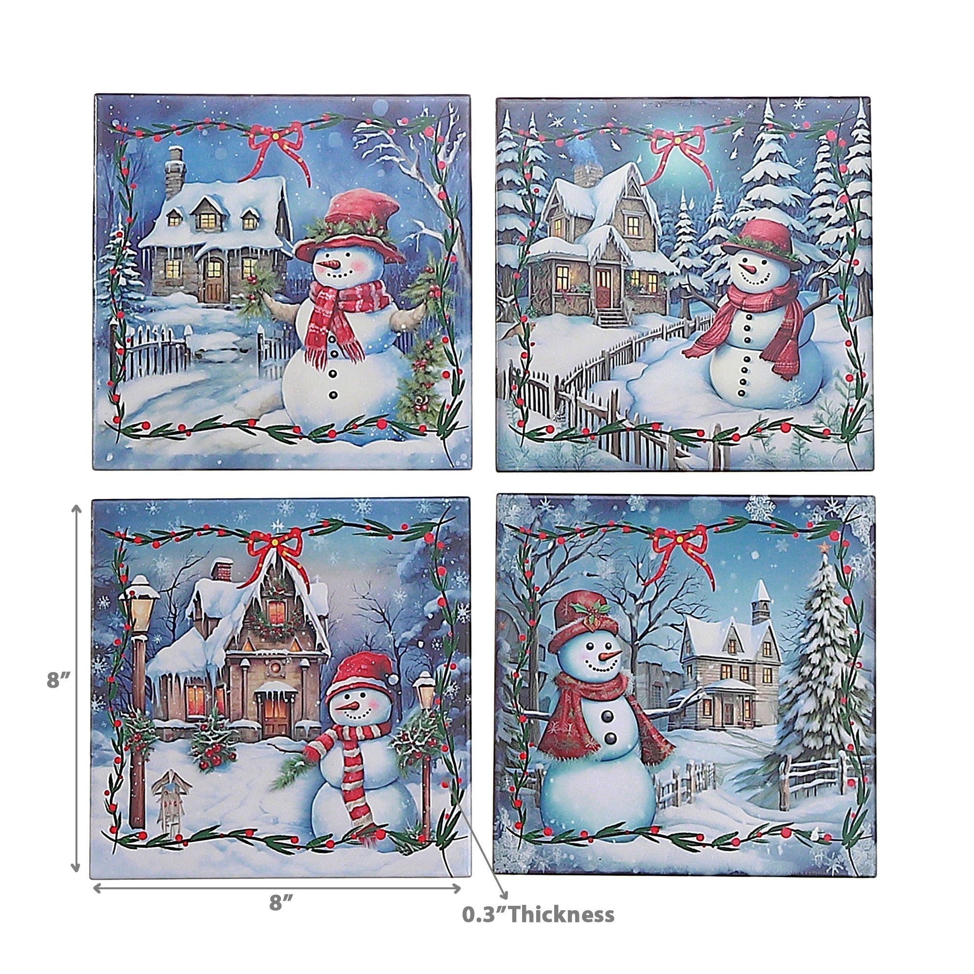 Square Ceramic Snowman Trivet, Heat Resistant Kitchen Trivet, Christmas Kitchen Decor - Set Of 4
