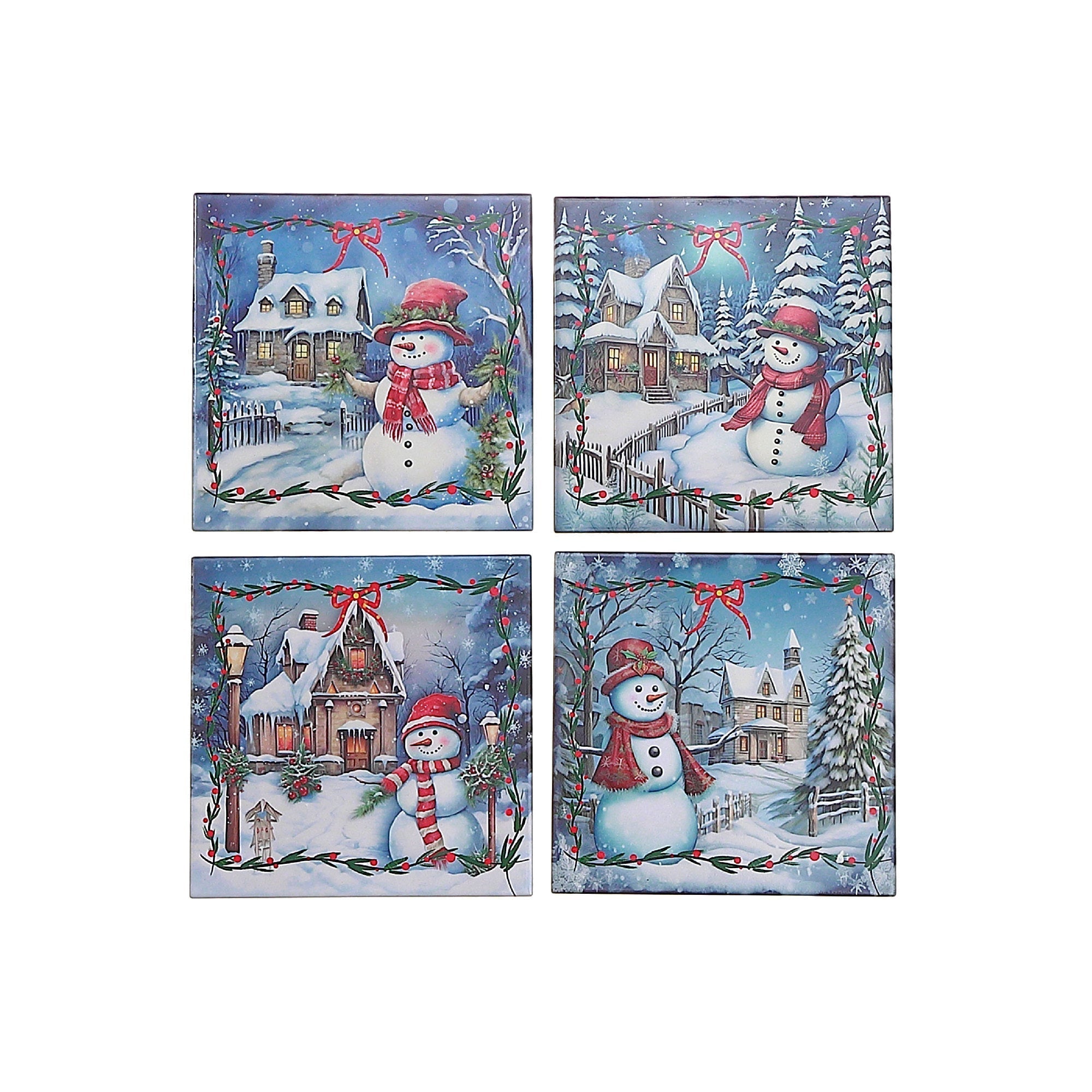 Square Ceramic Snowman Trivet, Heat Resistant Kitchen Trivet, Christmas Kitchen Decor - Set Of 4