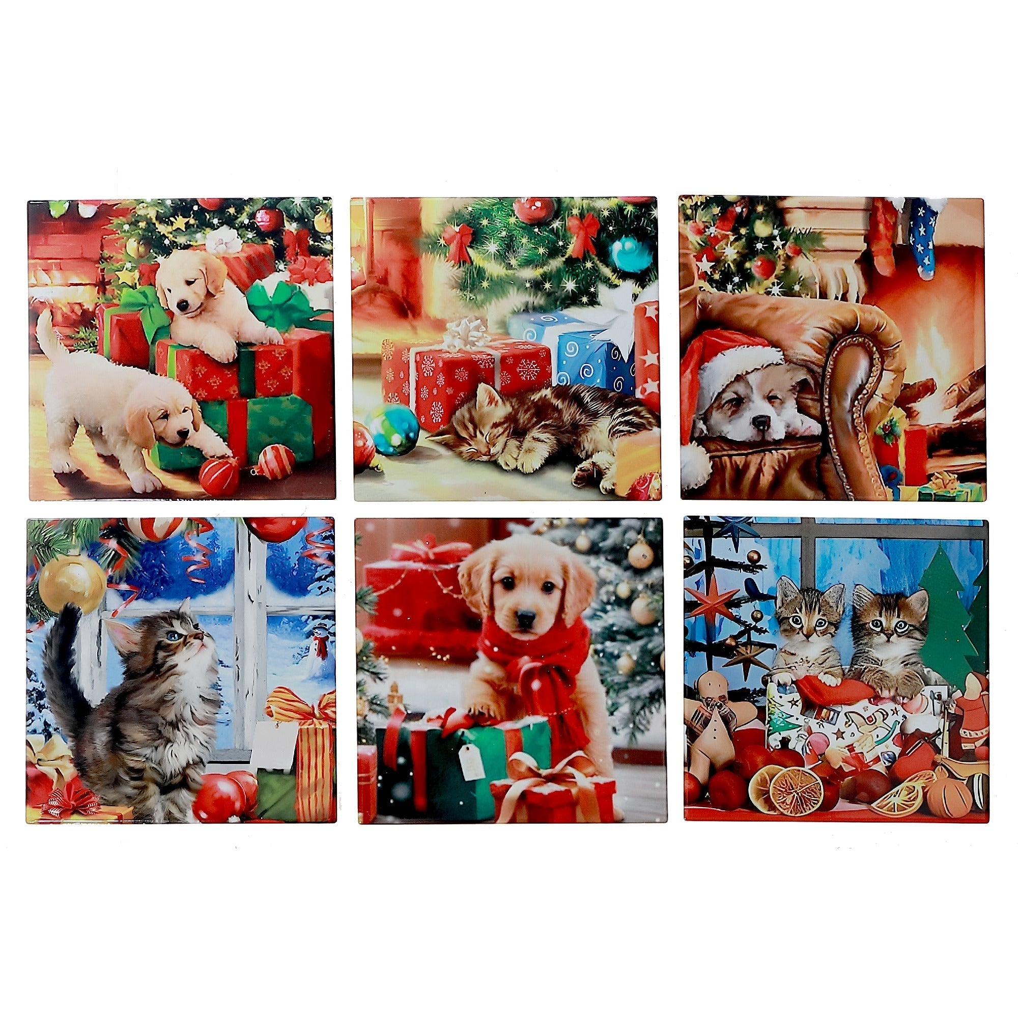 8 Inch Square Ceramic Trivet with Cats and Dogs Design Assorted - Set of 6, Christmas Kitchen Decor, Holiday Table Accessory