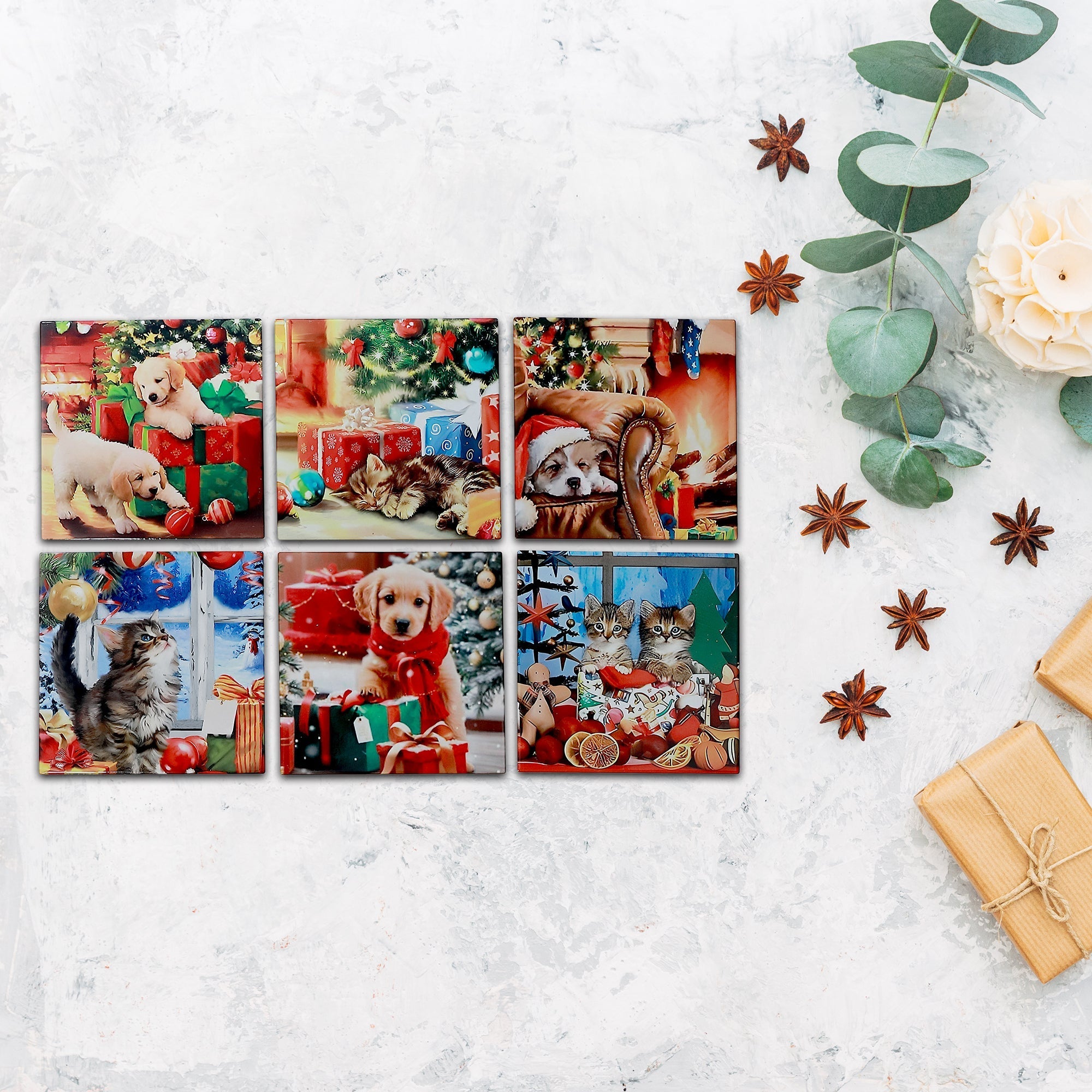 8 Inch Square Ceramic Trivet with Cats and Dogs Design Assorted - Set of 6, Christmas Kitchen Decor, Holiday Table Accessory