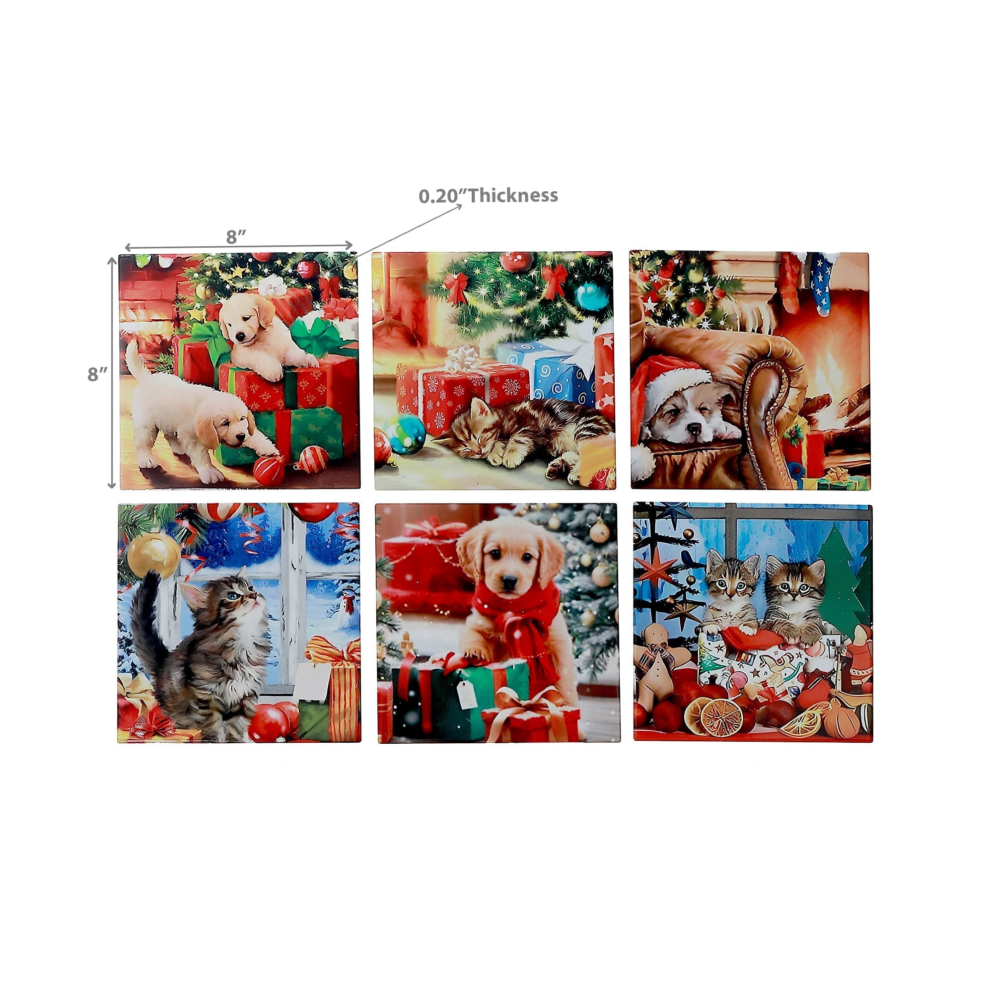8 Inch Square Ceramic Trivet with Cats and Dogs Design Assorted - Set of 6, Christmas Kitchen Decor, Holiday Table Accessory