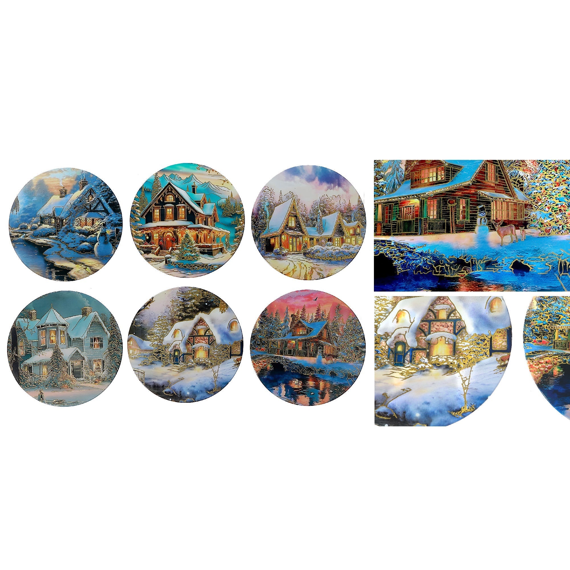 8 Inch Round Ceramic Trivet with Gold Foil and Winter House Design Assorted - Set of 6, Christmas Kitchen Decor, Holiday Table Accessory