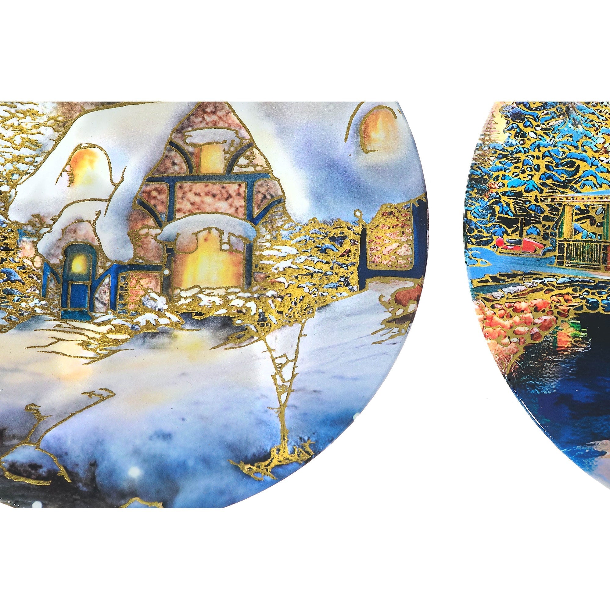 8 Inch Round Ceramic Trivet with Gold Foil and Winter House Design Assorted - Set of 6, Christmas Kitchen Decor, Holiday Table Accessory