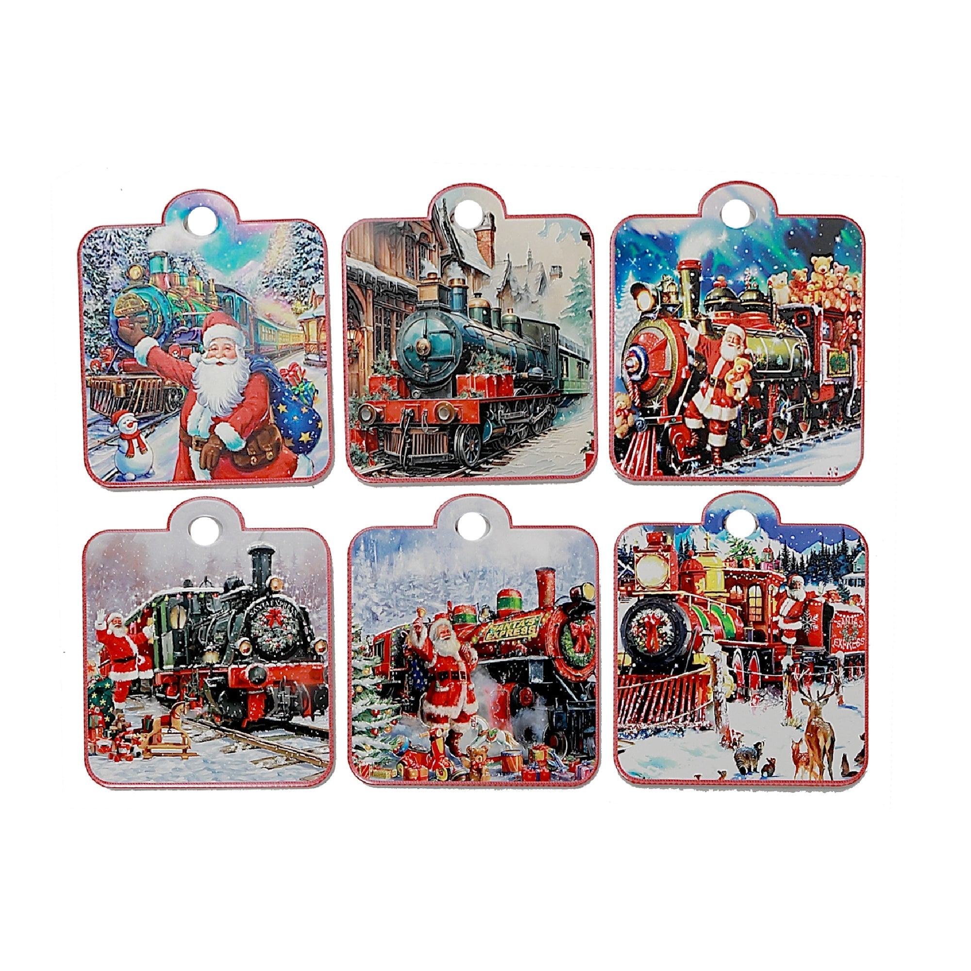 7 Inch Square Embossed Ceramic Trivet with Train Design Assorted - Set of 6, Christmas Kitchen Decor, Holiday Hot Plate, Festive Tableware