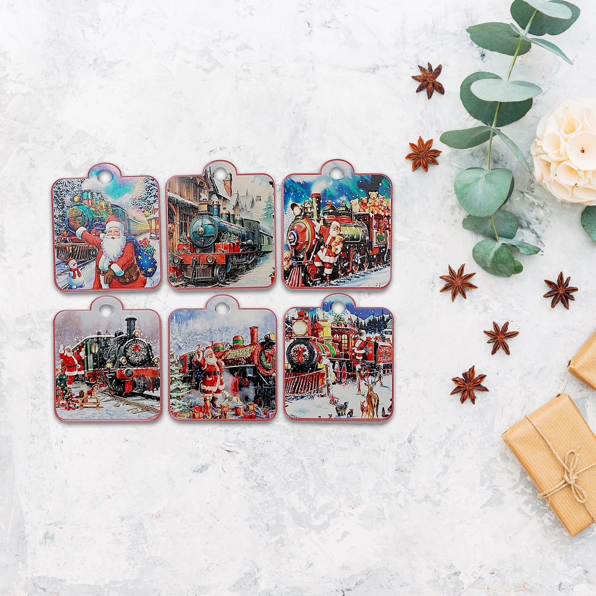 7 Inch Square Embossed Ceramic Trivet with Train Design Assorted - Set of 6, Christmas Kitchen Decor, Holiday Hot Plate, Festive Tableware