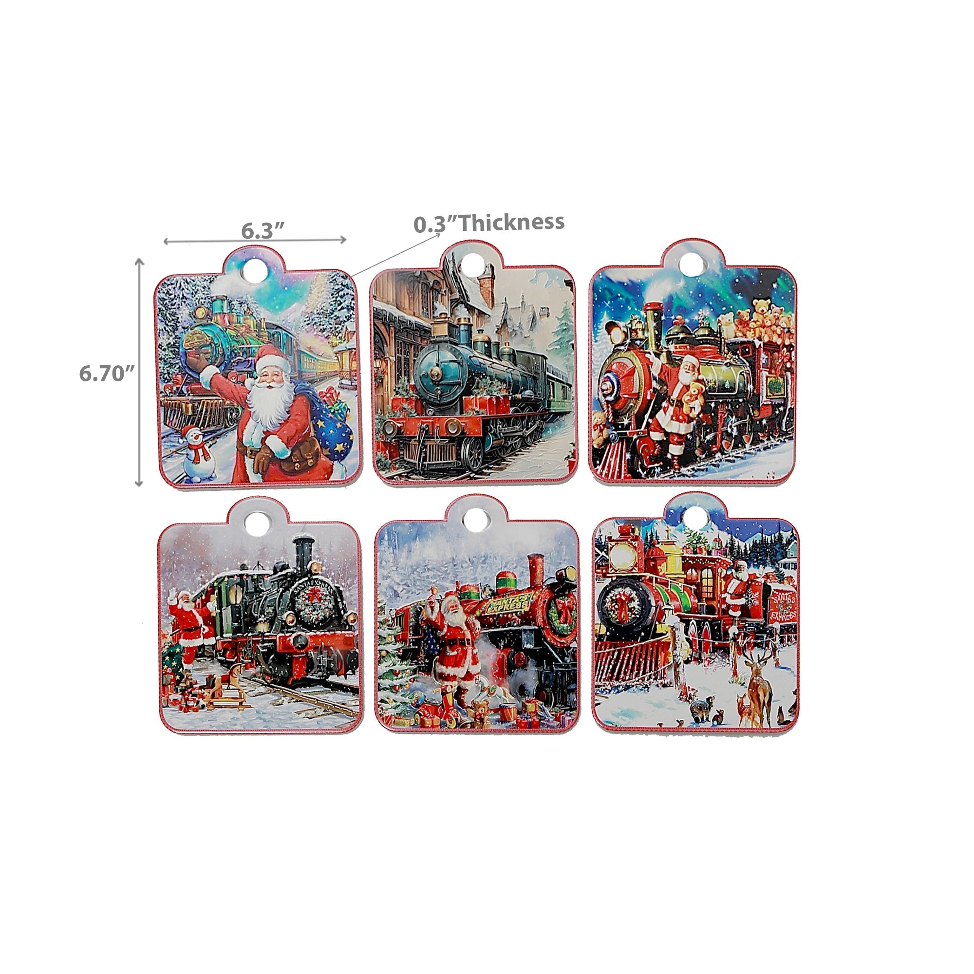 7 Inch Square Embossed Ceramic Trivet with Train Design Assorted - Set of 6, Christmas Kitchen Decor, Holiday Hot Plate, Festive Tableware